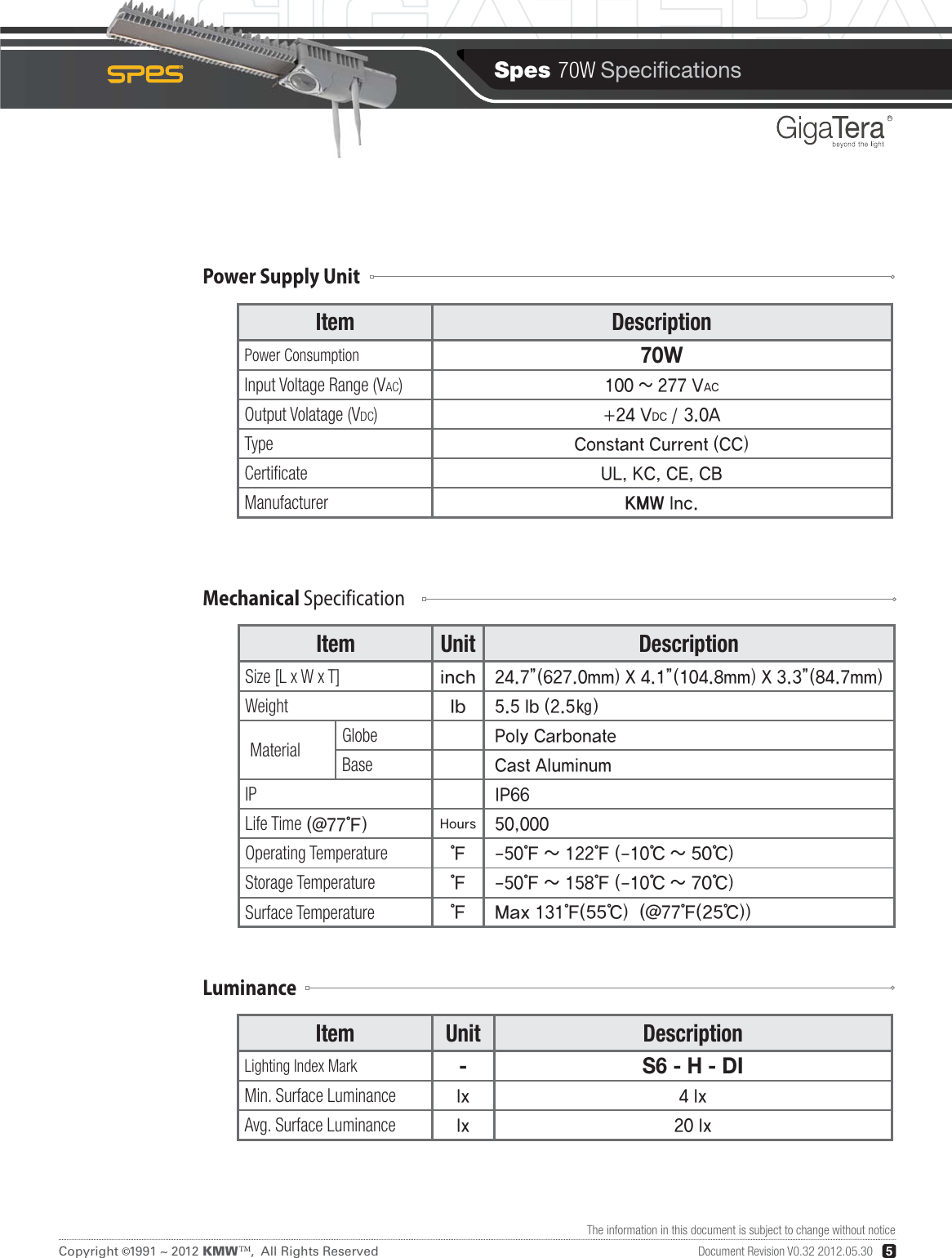 Spes 70W SpecicationsCopyright   1991 ~ 2012 KMW   ,  All Rights ReservedTM©5RDocument Revision V0.32 2012.05.30The information in this document is subject to change without noticeItem Unit DescriptionSize [L x W x T] WeightMaterial Globe Base IP Life Time Operating TemperatureStorage TemperatureSurface Temperature Item DescriptionPower Consumption 70WInput Voltage Range (VAC)Output Volatage (VDC)Type Certicate Manufacturer Item Unit DescriptionLighting Index Mark - S6 - H - DIMin. Surface Luminance  Avg. Surface Luminance  Power Supply UnitLuminanceMechanical Specification