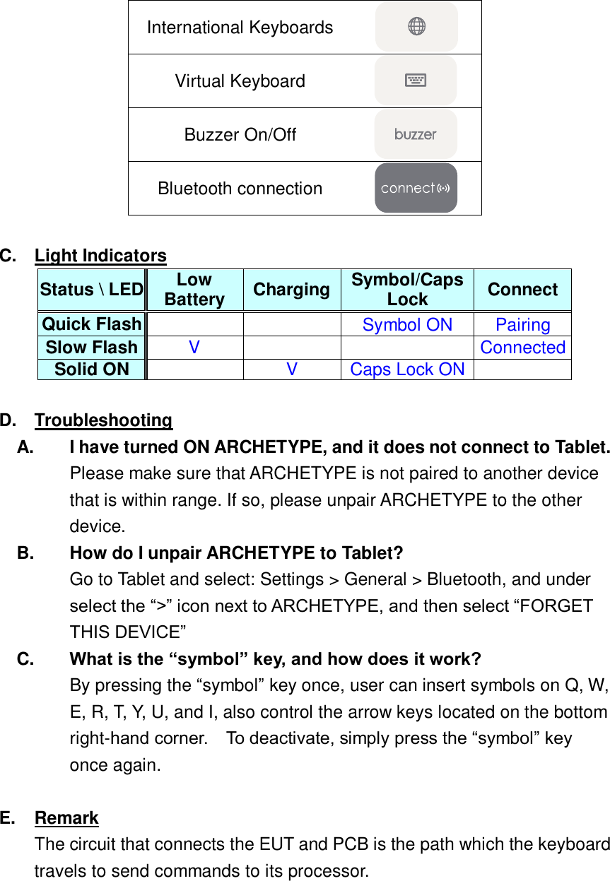 International Keyboards  Virtual Keyboard  Buzzer On/Off  Bluetooth connection   C.  Light Indicators Status \ LED Low Battery Charging Symbol/Caps Lock Connect Quick Flash   Symbol ON Pairing Slow Flash V   Connected Solid ON  V Caps Lock ON   D.  Troubleshooting A.  I have turned ON ARCHETYPE, and it does not connect to Tablet. Please make sure that ARCHETYPE is not paired to another device that is within range. If so, please unpair ARCHETYPE to the other device. B.  How do I unpair ARCHETYPE to Tablet? Go to Tablet and select: Settings &gt; General &gt; Bluetooth, and under select the “&gt;” icon next to ARCHETYPE, and then select “FORGET THIS DEVICE” C. What is the “symbol” key, and how does it work? By pressing the “symbol” key once, user can insert symbols on Q, W, E, R, T, Y, U, and I, also control the arrow keys located on the bottom right-hand corner.    To deactivate, simply press the “symbol” key once again.  E.  Remark The circuit that connects the EUT and PCB is the path which the keyboard travels to send commands to its processor.   