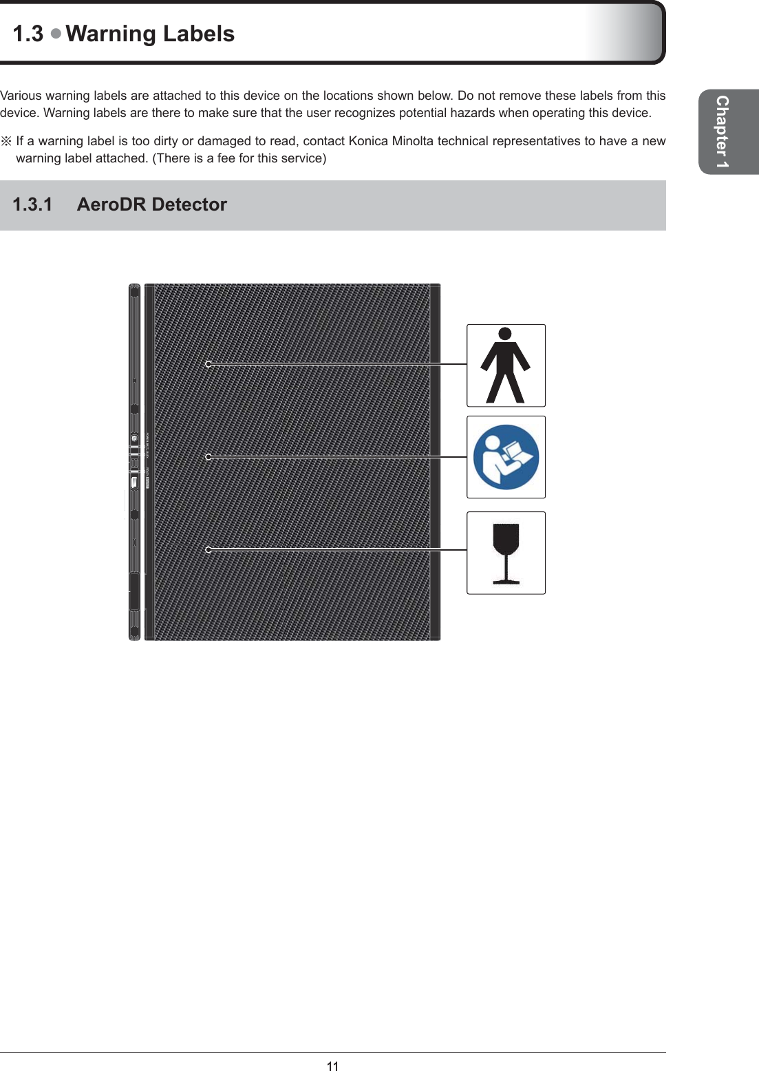 1111Chapter 11.3 ● Warning LabelsVarious warning labels are attached to this device on the locations shown below. Do not remove these labels from this device. Warning labels are there to make sure that the user recognizes potential hazards when operating this device. ※ If a warning label is too dirty or damaged to read, contact Konica Minolta technical representatives to have a new warning label attached. (There is a fee for this service)1.3.1 AeroDR Detector