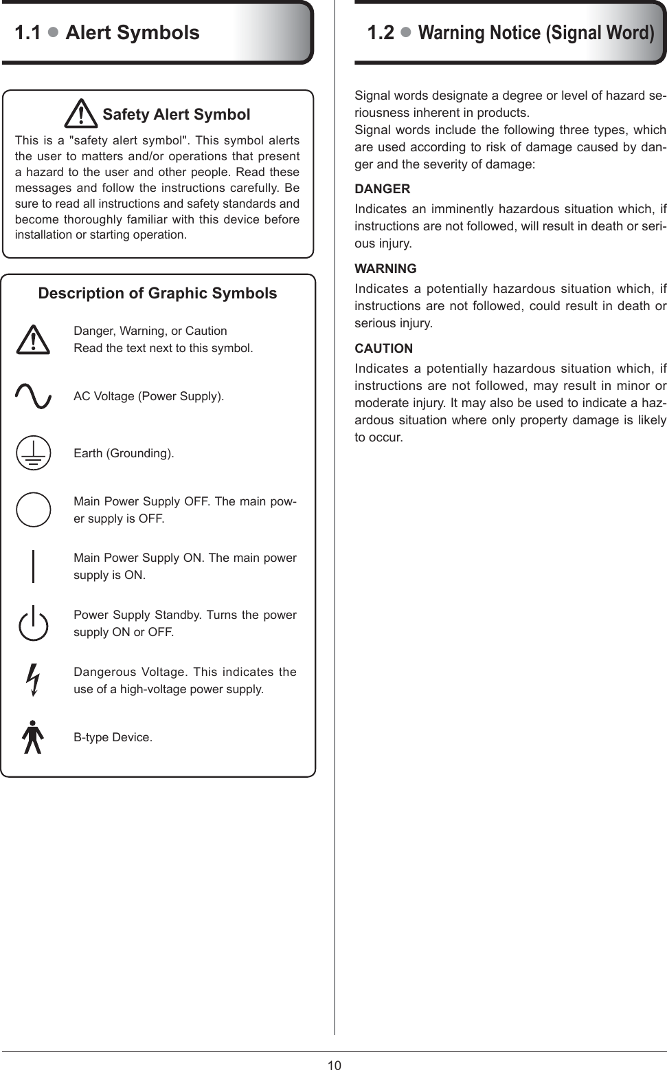 101.1 ● Alert Symbols Safety Alert SymbolThis is a &quot;safety alert symbol&quot;. This symbol alerts the user to matters and/or operations that present a hazard to the user and other people. Read these messages and follow the instructions carefully. Be sure to read all instructions and safety standards and become thoroughly familiar with this device before installation or starting operation.Description of Graphic SymbolsDanger, Warning, or CautionRead the text next to this symbol.AC Voltage (Power Supply). Earth (Grounding). Main Power Supply OFF. The main pow-er supply is OFF. Main Power Supply ON. The main power supply is ON.Power Supply Standby. Turns the power supply ON or OFF. Dangerous Voltage. This indicates the use of a high-voltage power supply. B-type Device.1.2 ● Warning Notice (Signal Word)Signal words designate a degree or level of hazard se-riousness inherent in products. Signal words include the following three types, which are used according to risk of damage caused by dan-ger and the severity of damage: DANGERIndicates an imminently hazardous situation which, if instructions are not followed, will result in death or seri-ous injury. WARNING Indicates a potentially hazardous situation which, if instructions are not followed, could result in death or serious injury. CAUTIONIndicates a potentially hazardous situation which, if instructions are not followed, may result in minor or moderate injury. It may also be used to indicate a haz-ardous situation where only property damage is likely to occur. 