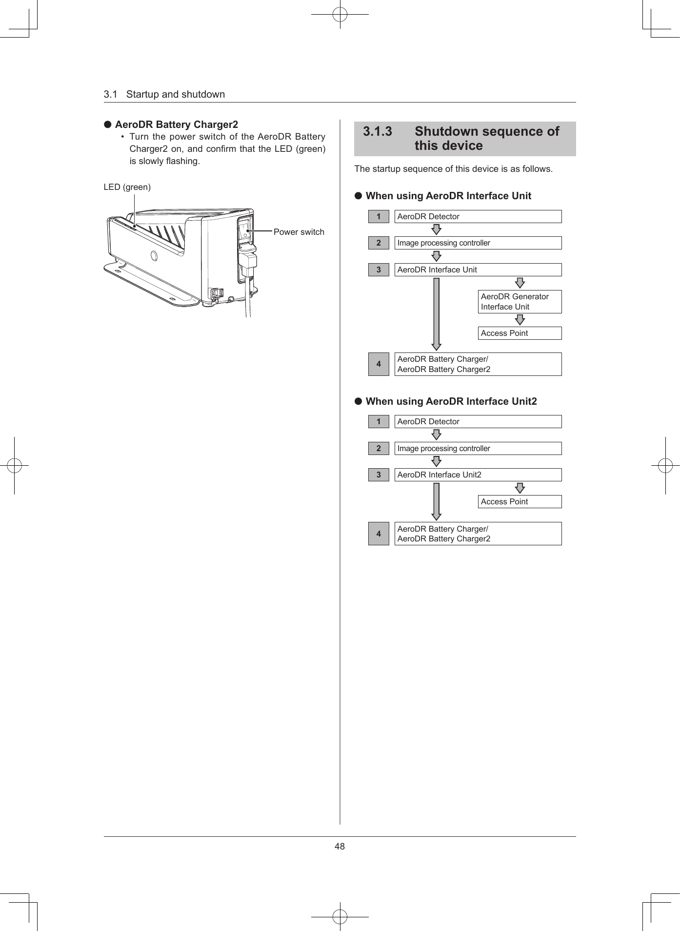 3.1Startupandshutdown48 AeroDR Battery Charger2• Turnthe powerswitchoftheAeroDR BatteryCharger2on,andconrmthattheLED(green)isslowlyashing.LED(green)Powerswitch313  Shutdown sequence of this device Thestartupsequenceofthisdeviceisasfollows. When using AeroDR Interface Unit1AeroDRDetector2Imageprocessingcontroller3AeroDRInterfaceUnitAeroDRGeneratorInterfaceUnitAccessPoint4AeroDRBatteryCharger/AeroDRBatteryCharger2 When using AeroDR Interface Unit21AeroDRDetector2Imageprocessingcontroller3AeroDRInterfaceUnit2AccessPoint4AeroDRBatteryCharger/AeroDRBatteryCharger2