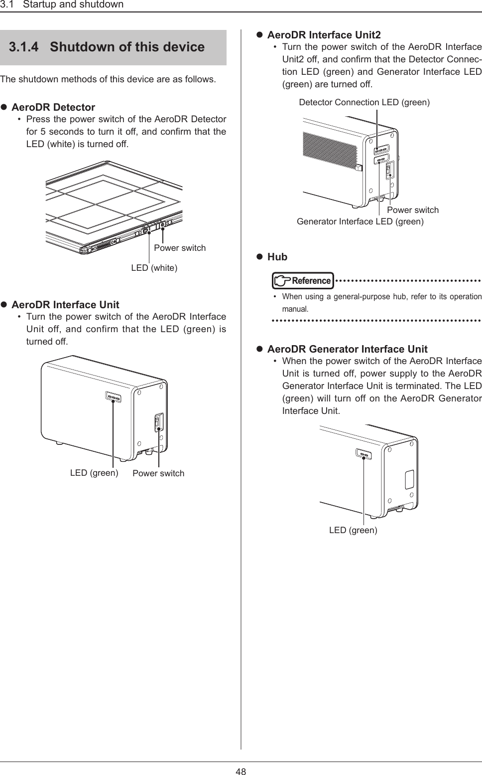 3.1   Startup and shutdown483.1.4  Shutdown of this deviceThe shutdown methods of this device are as follows. AeroDR Detector•  Press the power switch of the AeroDR Detector for5secondstoturnito,andconrmthattheLED(white)isturnedo.LED (white)Power switch AeroDR Interface Unit•  Turn the power switch of the AeroDR Interface Unit off, and confirm that the LED (green) is turnedo.Power switchLED (green) AeroDR Interface Unit2•  Turn the power switch of the AeroDR Interface Unit2o,andconrmthattheDetectorConnec-tion LED (green) and Generator Interface LED (green)areturnedo.Power switchDetector Connection LED (green)Generator Interface LED (green) HubReference •••••••••••••••••••••••••••••••••••••• When using a general-purpose hub, refer to its operation manual. ••••••••••••••••••••••••••••••••••••••••••••••••••••• AeroDR Generator Interface Unit•  When the power switch of the AeroDR Interface Unit is turned off, power supply to the AeroDR Generator Interface Unit is terminated. The LED (green) will turn off on the AeroDR Generator Interface Unit.LED (green)