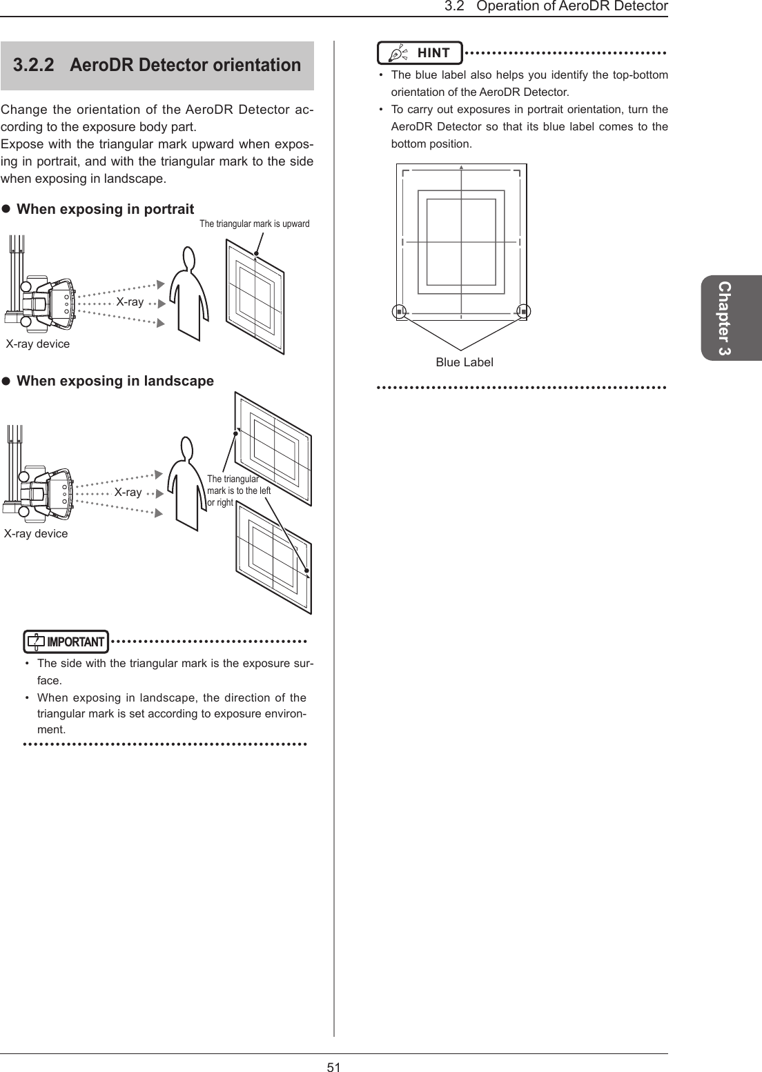 3.2   Operation of AeroDR Detector 51Chapter 33.2.2 AeroDR Detector orientationChange the orientation of the AeroDR Detector ac-cording to the exposure body part. Expose with the triangular mark upward when expos-ing in portrait, and with the triangular mark to the side when exposing in landscape. When exposing in portraitX-rayX-ray deviceThe triangular mark is upward When exposing in landscapeX-rayX-ray deviceThe triangular mark is to the left or rightIMPORTANT •••••••••••••••••••••••••••••••••••••  The side with the triangular mark is the exposure sur-face.•  When exposing in landscape, the direction of the triangular mark is set according to exposure environ-ment. ••••••••••••••••••••••••••••••••••••••••••••••••••••HINT  ••••••••••••••••••••••••••••••••••••••  The blue label also helps you identify the top-bottom orientation of the AeroDR Detector.•  To carry out exposures in portrait orientation, turn the AeroDR Detector so that its blue label comes to the bottom position.Blue Label •••••••••••••••••••••••••••••••••••••••••••••••••••••