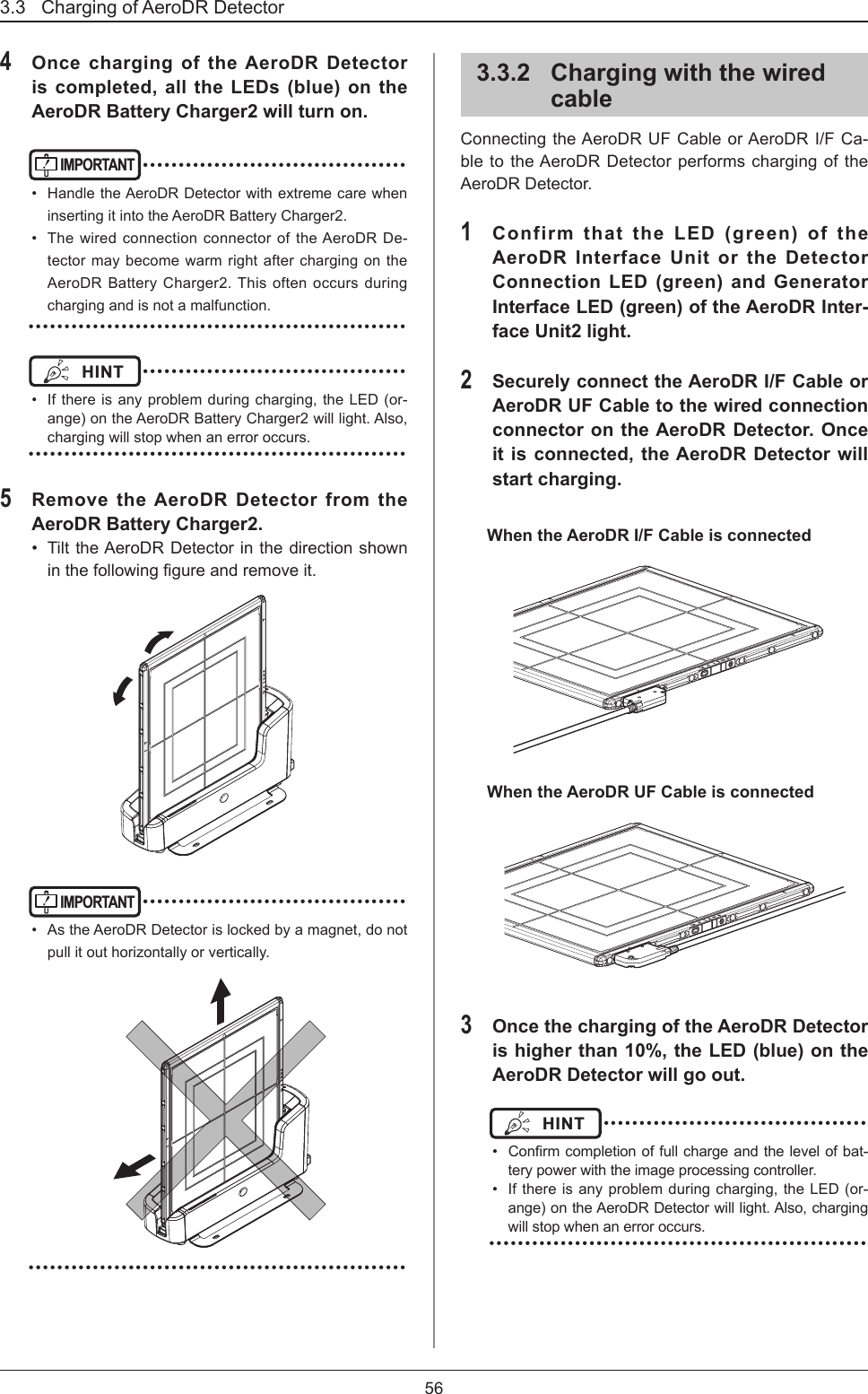3.3   Charging of AeroDR Detector564 Once charging of the AeroDR Detector is completed, all the LEDs (blue) on the AeroDR Battery Charger2 will turn on.IMPORTANT ••••••••••••••••••••••••••••••••••••••  Handle the AeroDR Detector with extreme care when inserting it into the AeroDR Battery Charger2.•  The wired connection connector of the AeroDR De-tector may become warm right after charging on the AeroDR Battery Charger2. This often occurs during charging and is not a malfunction. •••••••••••••••••••••••••••••••••••••••••••••••••••••HINT  ••••••••••••••••••••••••••••••••••••••  If there is any problem during charging, the LED (or-ange) on the AeroDR Battery Charger2 will light. Also, charging will stop when an error occurs.  •••••••••••••••••••••••••••••••••••••••••••••••••••••5 Remove the AeroDR Detector from the AeroDR Battery Charger2.•  Tilt the AeroDR Detector in the direction shown inthefollowinggureandremoveit.IMPORTANT ••••••••••••••••••••••••••••••••••••••  As the AeroDR Detector is locked by a magnet, do not pull it out horizontally or vertically. •••••••••••••••••••••••••••••••••••••••••••••••••••••3.3.2  Charging with the wired cableConnecting the AeroDR UF Cable or AeroDR I/F Ca-ble to the AeroDR Detector performs charging of the AeroDR Detector. 1 Confirm that the LED (green) of the AeroDR Interface Unit or the Detector Connection LED (green) and Generator Interface LED (green) of the AeroDR Inter-face Unit2 light.2 Securely connect the AeroDR I/F Cable or AeroDR UF Cable to the wired connection connector on the AeroDR Detector. Once it is connected, the AeroDR Detector will start charging.When the AeroDR I/F Cable is connectedWhen the AeroDR UF Cable is connected3 Once the charging of the AeroDR Detector is higher than 10%, the LED (blue) on the AeroDR Detector will go out.HINT  ••••••••••••••••••••••••••••••••••••••  Conrmcompletionoffullchargeandthelevelofbat-tery power with the image processing controller.•  If there is any problem during charging, the LED (or-ange) on the AeroDR Detector will light. Also, charging will stop when an error occurs. •••••••••••••••••••••••••••••••••••••••••••••••••••••