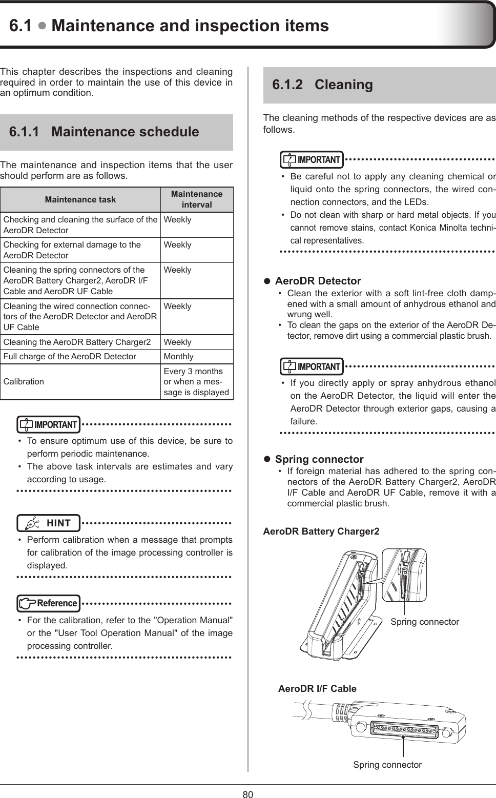 806.1  Maintenance and inspection itemsThis chapter describes the inspections and cleaning required in order to maintain the use of this device in an optimum condition.6.1.1  Maintenance scheduleThe maintenance and inspection items that the user should perform are as follows.Maintenance task Maintenance intervalChecking and cleaning the surface of the AeroDR DetectorWeeklyChecking for external damage to the AeroDR DetectorWeeklyCleaning the spring connectors of the AeroDR Battery Charger2, AeroDR I/F Cable and AeroDR UF CableWeeklyCleaning the wired connection connec-tors of the AeroDR Detector and AeroDR UF CableWeeklyCleaning the AeroDR Battery Charger2 WeeklyFull charge of the AeroDR Detector MonthlyCalibrationEvery 3 months or when a mes-sage is displayedIMPORTANT ••••••••••••••••••••••••••••••••••••••  To ensure optimum use of this device, be sure to perform periodic maintenance.•  The above task intervals are estimates and vary according to usage. •••••••••••••••••••••••••••••••••••••••••••••••••••••HINT  ••••••••••••••••••••••••••••••••••••••  Perform calibration when a message that prompts for calibration of the image processing controller is displayed. •••••••••••••••••••••••••••••••••••••••••••••••••••••Reference ••••••••••••••••••••••••••••••••••••••  For the calibration, refer to the &quot;Operation Manual&quot; or the &quot;User Tool Operation Manual&quot; of the image processing controller. •••••••••••••••••••••••••••••••••••••••••••••••••••••6.1.2  CleaningThe cleaning methods of the respective devices are as follows.IMPORTANT ••••••••••••••••••••••••••••••••••••••  Be careful not to apply any cleaning chemical or liquid onto the spring connectors, the wired con-nection connectors, and the LEDs.• Do not clean with sharp or hard metal objects. If you cannot remove stains, contact Konica Minolta techni-cal representatives. ••••••••••••••••••••••••••••••••••••••••••••••••••••• AeroDR Detector•  Clean the exterior with a soft lint-free cloth damp-ened with a small amount of anhydrous ethanol and wrung well.•  To clean the gaps on the exterior of the AeroDR De-tector, remove dirt using a commercial plastic brush.IMPORTANT ••••••••••••••••••••••••••••••••••••••  If you directly apply or spray anhydrous ethanol on the AeroDR Detector, the liquid will enter the AeroDR Detector through exterior gaps, causing a failure. ••••••••••••••••••••••••••••••••••••••••••••••••••••• Spring connector•  If foreign material has adhered to the spring con-nectors of the AeroDR Battery Charger2, AeroDR I/F Cable and AeroDR UF Cable, remove it with a commercial plastic brush.AeroDR Battery Charger2Spring connectorAeroDR I/F CableSpring connector