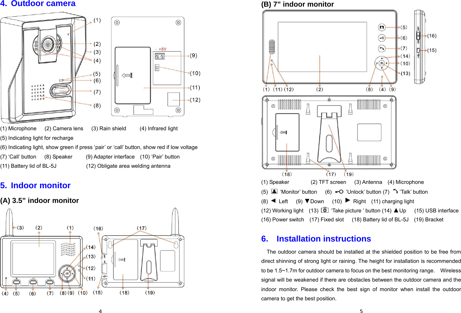  44. Outdoor camera  (1) Microphone   (2) Camera lens   (3) Rain shield     (4) Infrared light  (5) Indicating light for recharge   (6) Indicating light, show green if press ‘pair’ or ‘call’ button, show red if low voltage   (7) ‘Call’ button   (8) Speaker     (9) Adapter interface  (10) ‘Pair’ button  (11) Battery lid of BL-5J           (12) Obligate area welding antenna  5. Indoor monitor (A) 3.5” indoor monitor   5(B) 7” indoor monitor  (1) Speaker        (2) TFT screen   (3) Antenna  (4) Microphone    (5)   ‘Monitor’ button   (6)   ’Unlock’ button (7)  ’Talk’ button   (8)   Left   (9) ▼Down   (10)   Right  (11) charging light  (12) Working light    (13)    ‘Take picture ’ button (14) ▲Up   (15) USB interface  (16) Power switch  (17) Fixed slot   (18) Battery lid of BL-5J  (19) Bracket    6.  Installation instructions The outdoor camera should be installed at the shielded position to be free from direct shinning of strong light or raining. The height for installation is recommended to be 1.5~1.7m for outdoor camera to focus on the best monitoring range.    Wireless signal will be weakened if there are obstacles between the outdoor camera and the indoor monitor. Please check the best sign of monitor when install the outdoor camera to get the best position. 