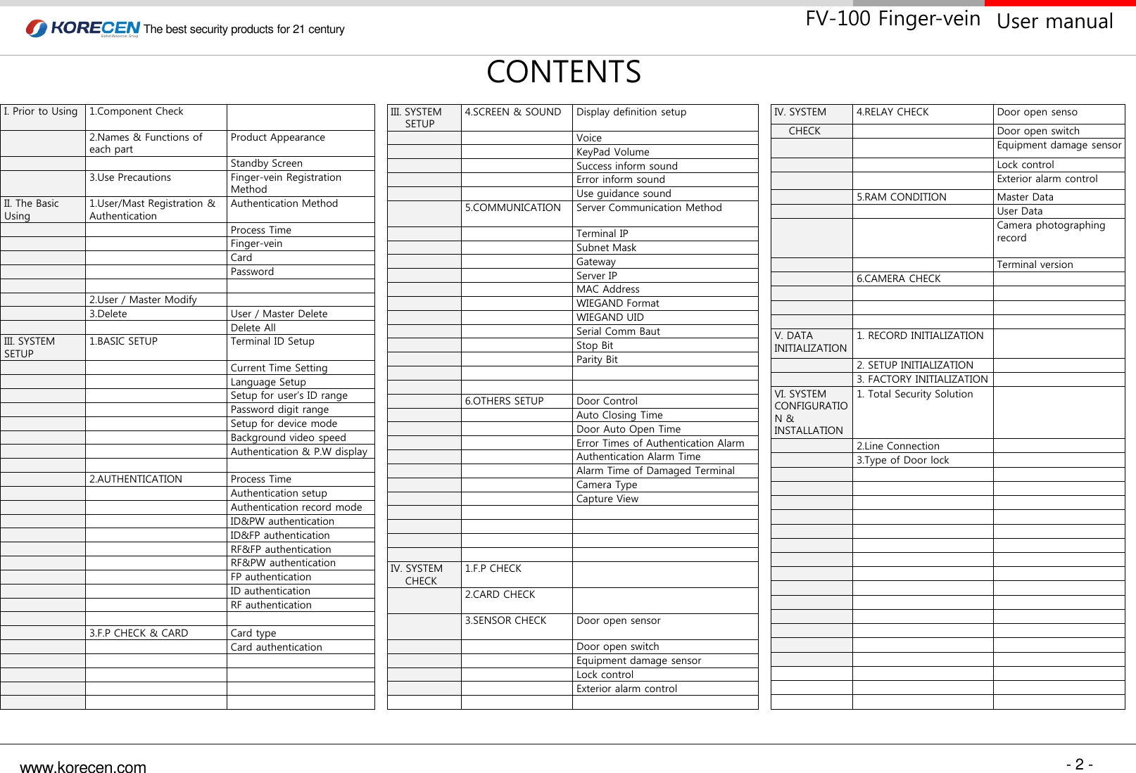 - 2 - www.korecen.com The best security products for 21 century  User manual FV-100 Finger-vein CONTENTS IV. SYSTEM 4.RELAY CHECK Door open senso     CHECK Door open switch Equipment damage sensor Lock control Exterior alarm control 5.RAM CONDITION Master Data User Data Camera photographing record Terminal version 6.CAMERA CHECK V. DATA INITIALIZATION 1. RECORD INITIALIZATION 2. SETUP INITIALIZATION 3. FACTORY INITIALIZATION VI. SYSTEM CONFIGURATION &amp; INSTALLATION 1. Total Security Solution 2.Line Connection 3.Type of Door lock I. Prior to Using 1.Component Check 2.Names &amp; Functions of each part Product Appearance Standby Screen 3.Use Precautions Finger-vein Registration Method II. The Basic Using 1.User/Mast Registration &amp; Authentication Authentication Method Process Time Finger-vein Card Password 2.User / Master Modify 3.Delete User / Master Delete Delete All III. SYSTEM SETUP 1.BASIC SETUP Terminal ID Setup Current Time Setting Language Setup Setup for user’s ID range Password digit range Setup for device mode Background video speed Authentication &amp; P.W display 2.AUTHENTICATION Process Time Authentication setup Authentication record mode ID&amp;PW authentication  ID&amp;FP authentication RF&amp;FP authentication RF&amp;PW authentication FP authentication ID authentication RF authentication 3.F.P CHECK &amp; CARD Card type Card authentication III. SYSTEM     SETUP 4.SCREEN &amp; SOUND Display definition setup Voice KeyPad Volume Success inform sound Error inform sound Use guidance sound 5.COMMUNICATION Server Communication Method Terminal IP Subnet Mask Gateway Server IP MAC Address WIEGAND Format WIEGAND UID Serial Comm Baut Stop Bit Parity Bit 6.OTHERS SETUP Door Control Auto Closing Time Door Auto Open Time Error Times of Authentication Alarm Authentication Alarm Time Alarm Time of Damaged Terminal Camera Type Capture View IV. SYSTEM      CHECK 1.F.P CHECK 2.CARD CHECK 3.SENSOR CHECK Door open sensor Door open switch Equipment damage sensor Lock control Exterior alarm control 