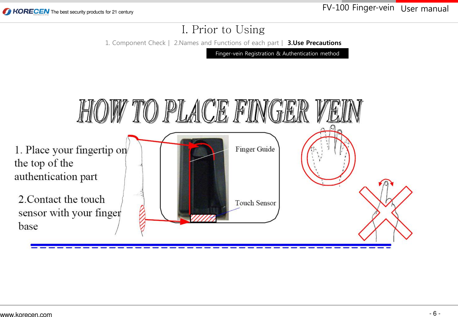 - 6 - www.korecen.com The best security products for 21 century  User manual FV-100 Finger-vein Finger-vein Registration &amp; Authentication method 1. Component Checkㅣ 2.Names and Functions of each partㅣ 3.Use Precautions I. Prior to Using 