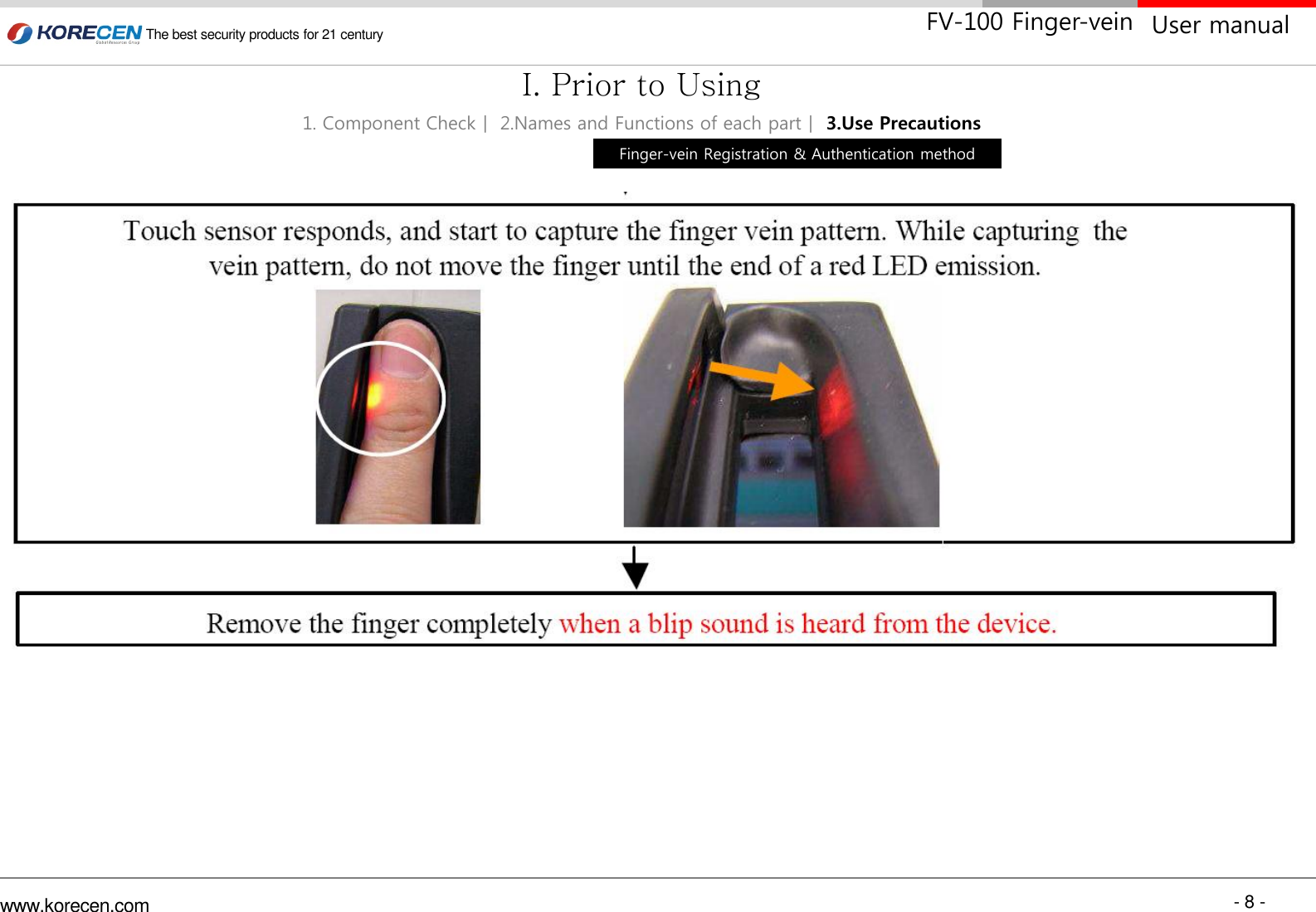 - 8 - www.korecen.com The best security products for 21 century  User manual FV-100 Finger-vein Finger-vein Registration &amp; Authentication method 1. Component Checkㅣ 2.Names and Functions of each partㅣ 3.Use Precautions I. Prior to Using 