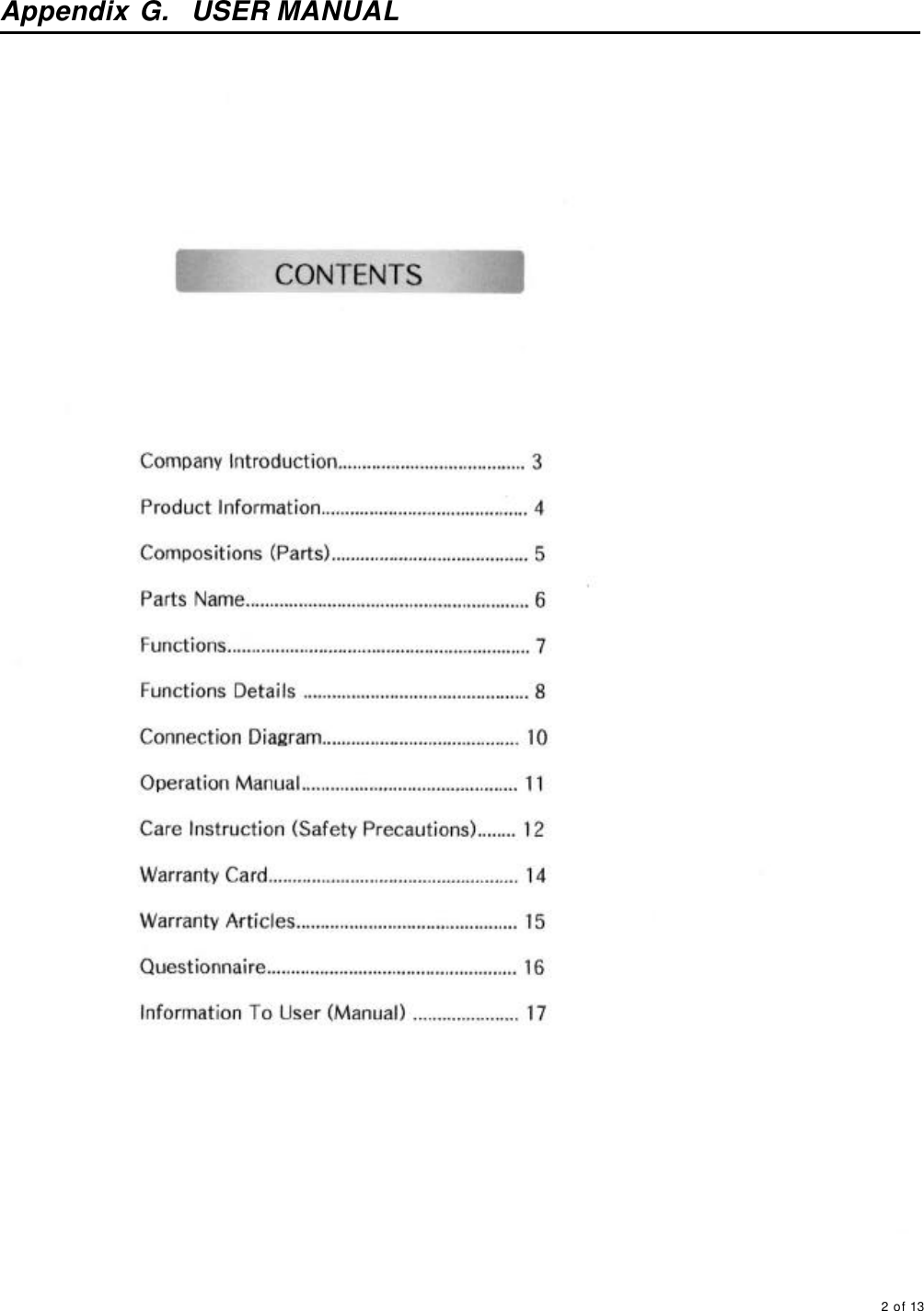     2 of 13       Appendix G.  USER MANUAL   