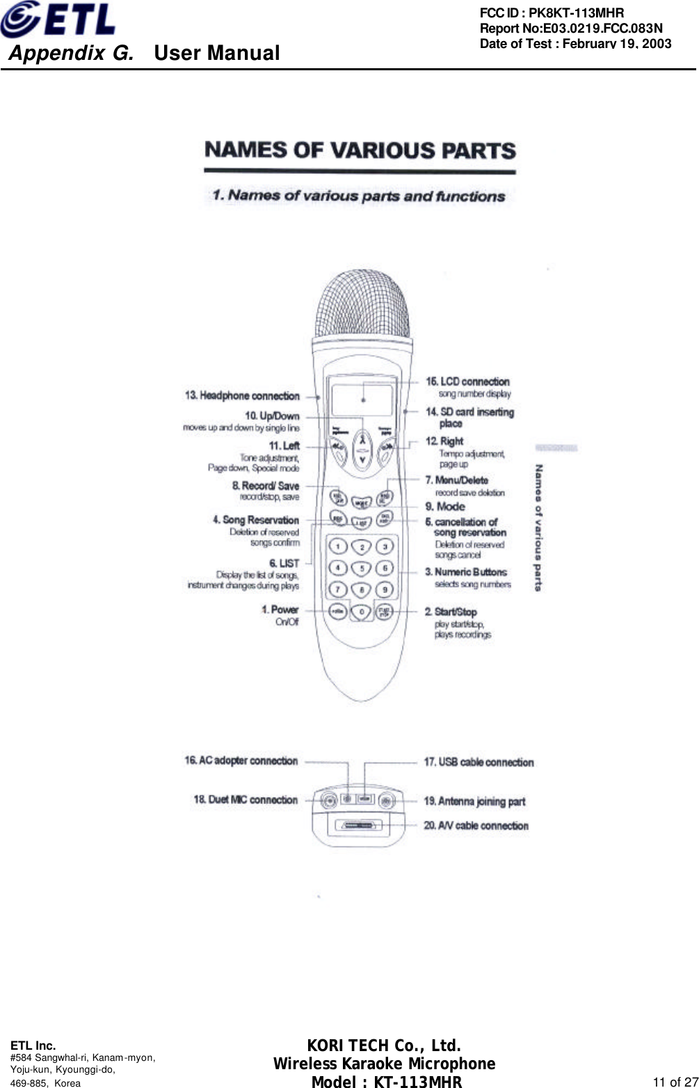     Appendix G.   User Manual  ETL Inc. #584 Sangwhal-ri, Kanam-myon, Yoju-kun, Kyounggi-do,   469-885, Korea                                                                                                               11 of 27 FCC ID : PK8KT-113MHR Report No:E03.0219.FCC.083N   Date of Test : February 19, 2003 KORI TECH Co., Ltd. Wireless Karaoke Microphone Model : KT-113MHR                                                   