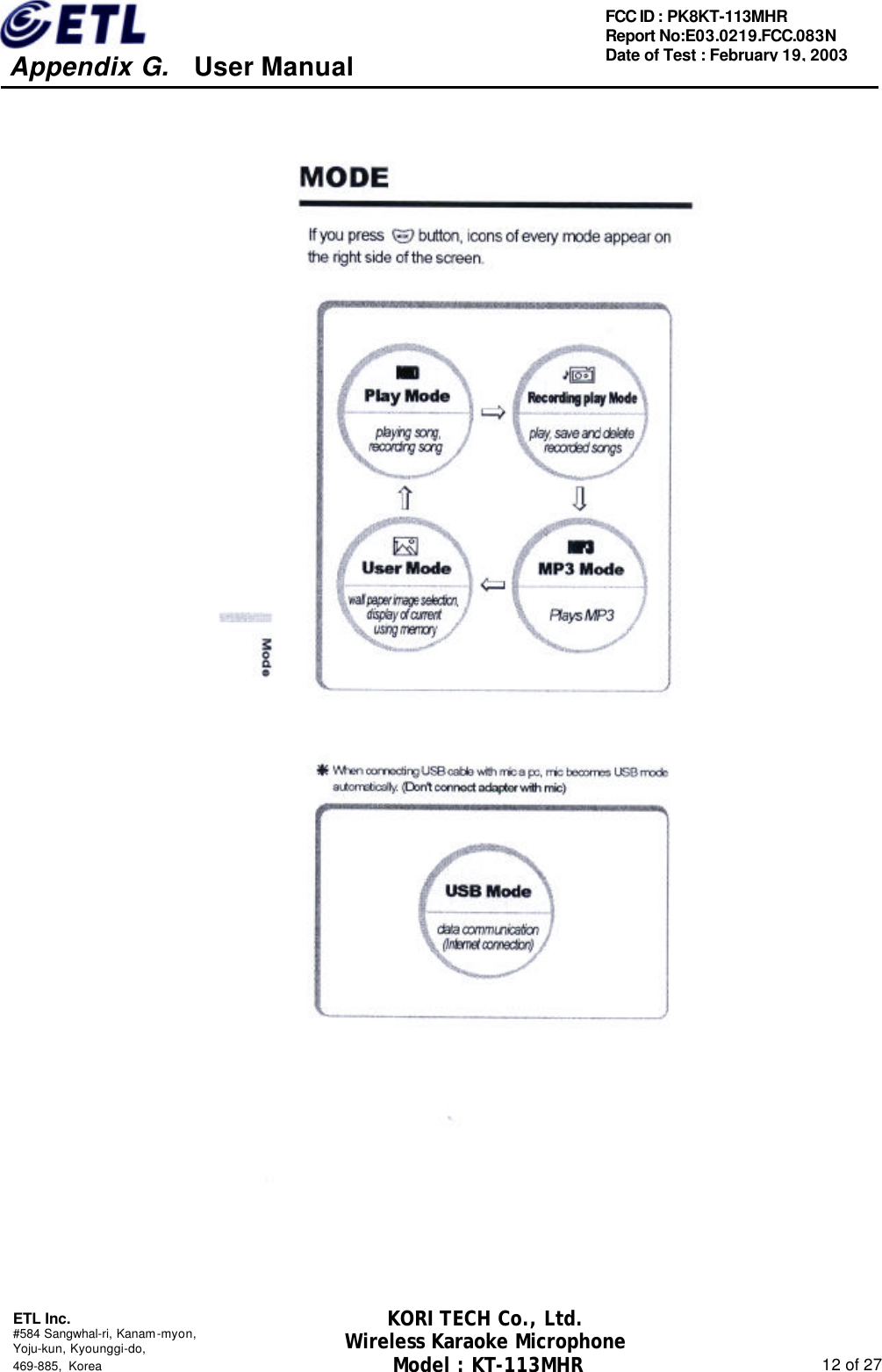     Appendix G.   User Manual  ETL Inc. #584 Sangwhal-ri, Kanam-myon, Yoju-kun, Kyounggi-do,   469-885, Korea                                                                                                               12 of 27 FCC ID : PK8KT-113MHR Report No:E03.0219.FCC.083N   Date of Test : February 19, 2003 KORI TECH Co., Ltd. Wireless Karaoke Microphone Model : KT-113MHR                                                   