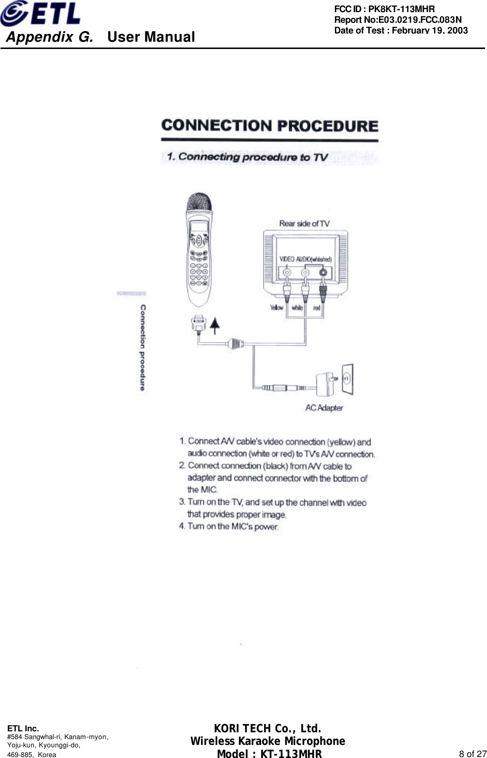    Appendix G.   User Manual  ETL Inc. #584 Sangwhal-ri, Kanam-myon, Yoju-kun, Kyounggi-do,   469-885, Korea                                                                                                               8 of 27 FCC ID : PK8KT-113MHR Report No:E03.0219.FCC.083N   Date of Test : February 19, 2003 KORI TECH Co., Ltd. Wireless Karaoke Microphone Model : KT-113MHR                                                   