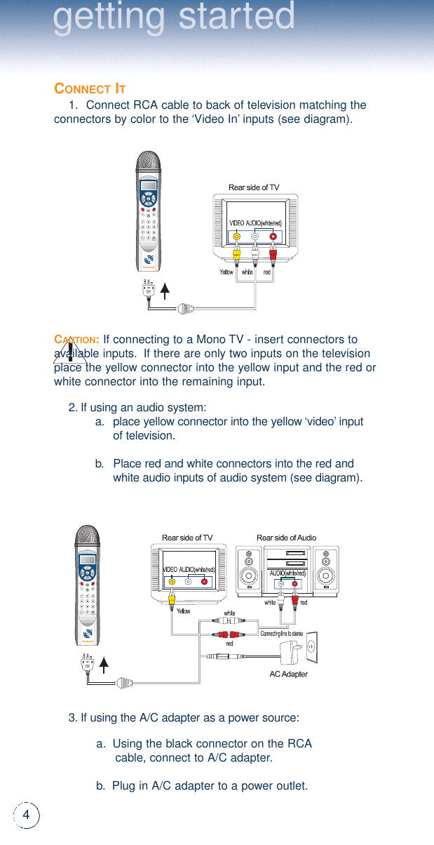 4getting startedCONNECTIT1.Connect RCA cable to back of television matching theconnectors by color to the ‘Video In’inputs (see diagram).CAUTION:If connecting to a Mono TV - insert connectors toavailable inputs.If there are only two inputs on the televisionplace the yellow connector into the yellow input and the red orwhite connector into the remaining input.2.If using an audio system:a.place yellow connector into the yellow ‘video’input of television.b.Place red and white connectors into the red andwhite audio inputs of audio system (see diagram).3.If using the A/C adapter as a power source:a.Using the black connector on the RCA cable, connect to A/C adapter.b.Plug in A/C adapter to a power outlet.