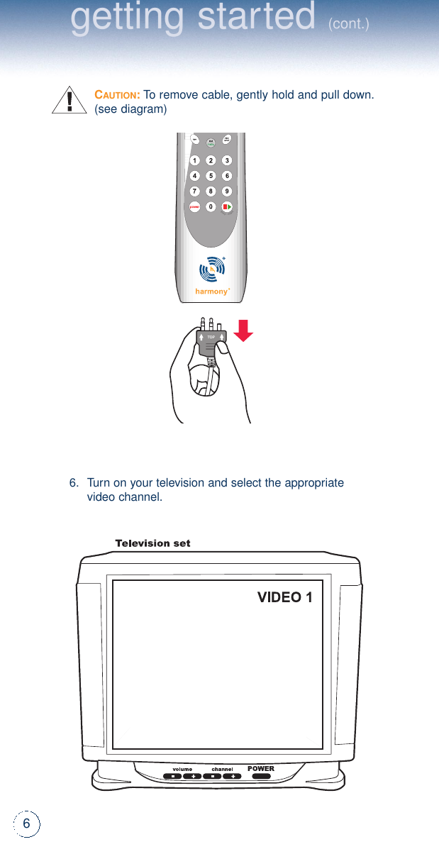 6getting started(cont.)CAUTION:To remove cable, gently hold and pull down.(see diagram)6.Turn on your television and select the appropriate video channel.