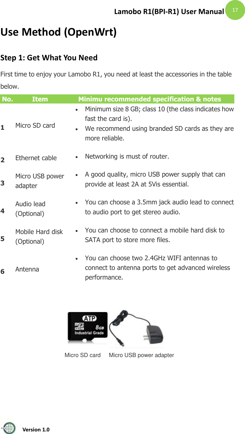 Lamobo R1(BPI-R1) User Manual   Version 1.0  17 Use Method (OpenWrt) Step 1: Get What You Need First time to enjoy your Lamobo R1, you need at least the accessories in the table below. No. Item Minimu recommended specification &amp; notes 1 Micro SD card  Minimum size 8 GB; class 10 (the class indicates how fast the card is).    We recommend using branded SD cards as they are more reliable.   2 Ethernet cable  Networking is must of router. 3 Micro USB power adapter  A good quality, micro USB power supply that can provide at least 2A at 5Vis essential.   4 Audio lead (Optional)  You can choose a 3.5mm jack audio lead to connect to audio port to get stereo audio.   5 Mobile Hard disk (Optional)  You can choose to connect a mobile hard disk to SATA port to store more files.   6 Antenna  You can choose two 2.4GHz WIFI antennas to connect to antenna ports to get advanced wireless performance.     Micro SD card Micro USB power adapter     