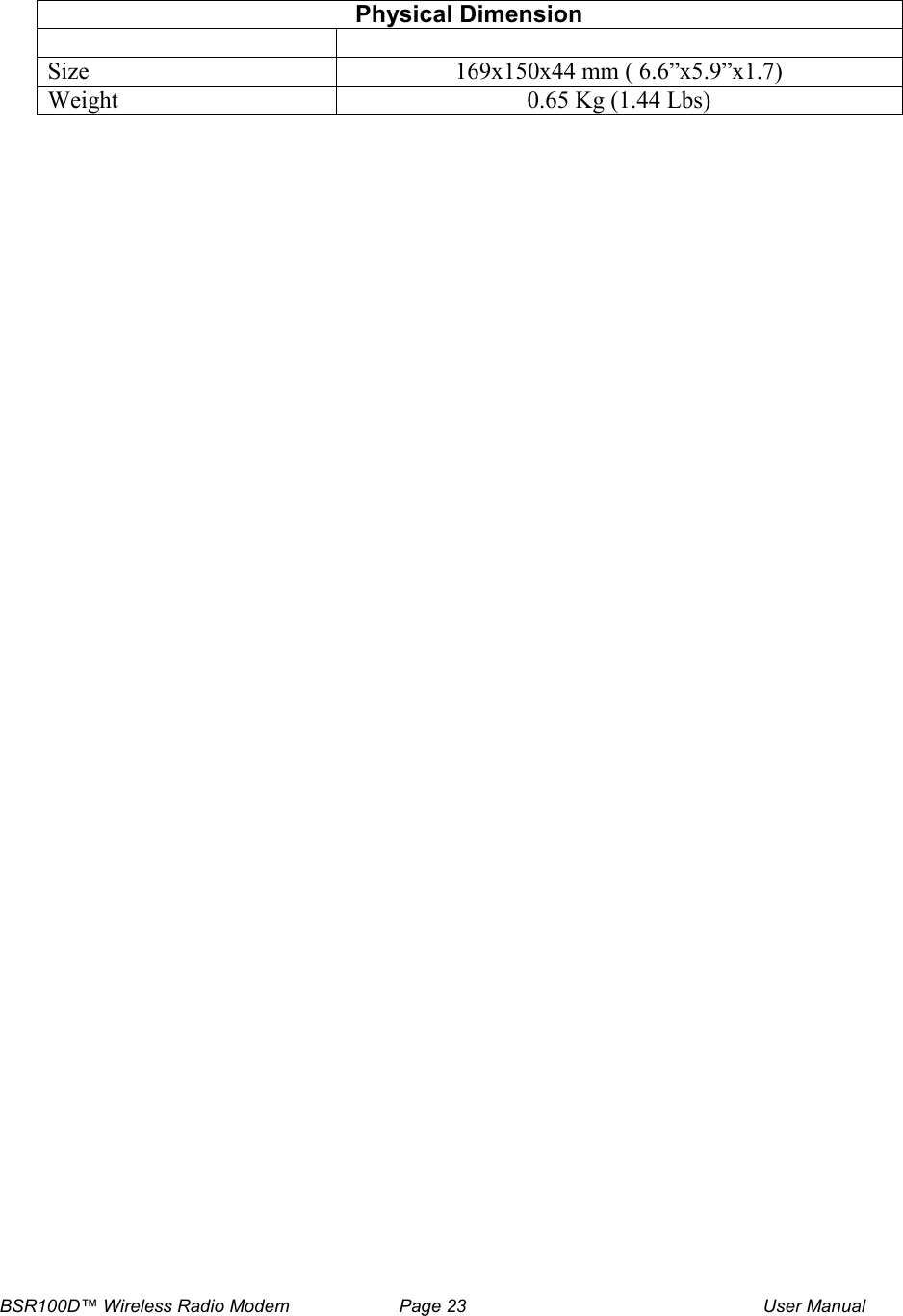 BSR100D&trade; Wireless Radio Modem  Page 23  User Manual    Physical Dimension    Size  169x150x44 mm ( 6.6&rdquo;x5.9&rdquo;x1.7) Weight  0.65 Kg (1.44 Lbs)  