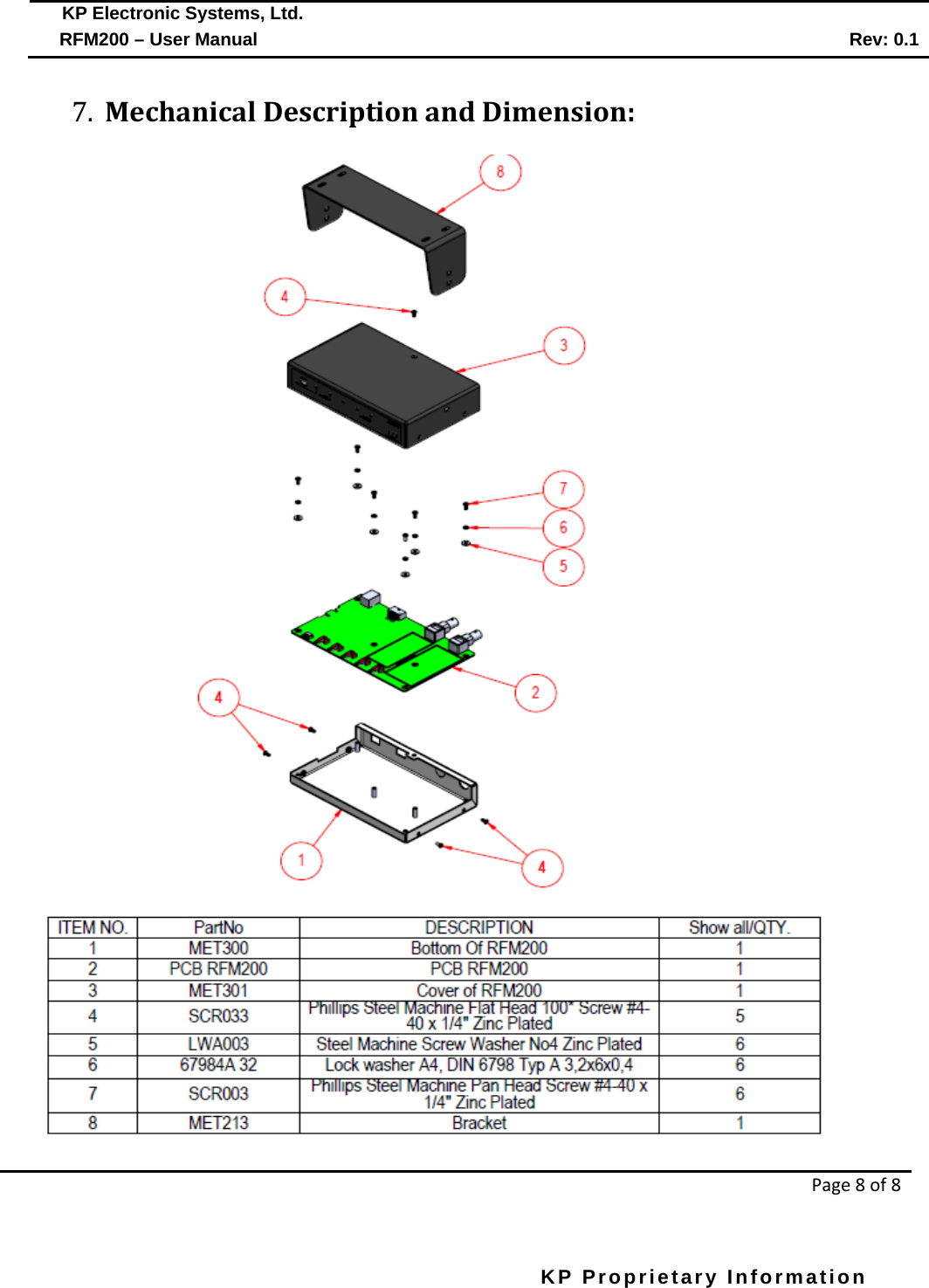  KP Electronic Systems, Ltd.      RFM200 – User Manual Rev: 0.1   Page 8 of 8  KP Proprietary Information        7. Mechanical Description and Dimension:  