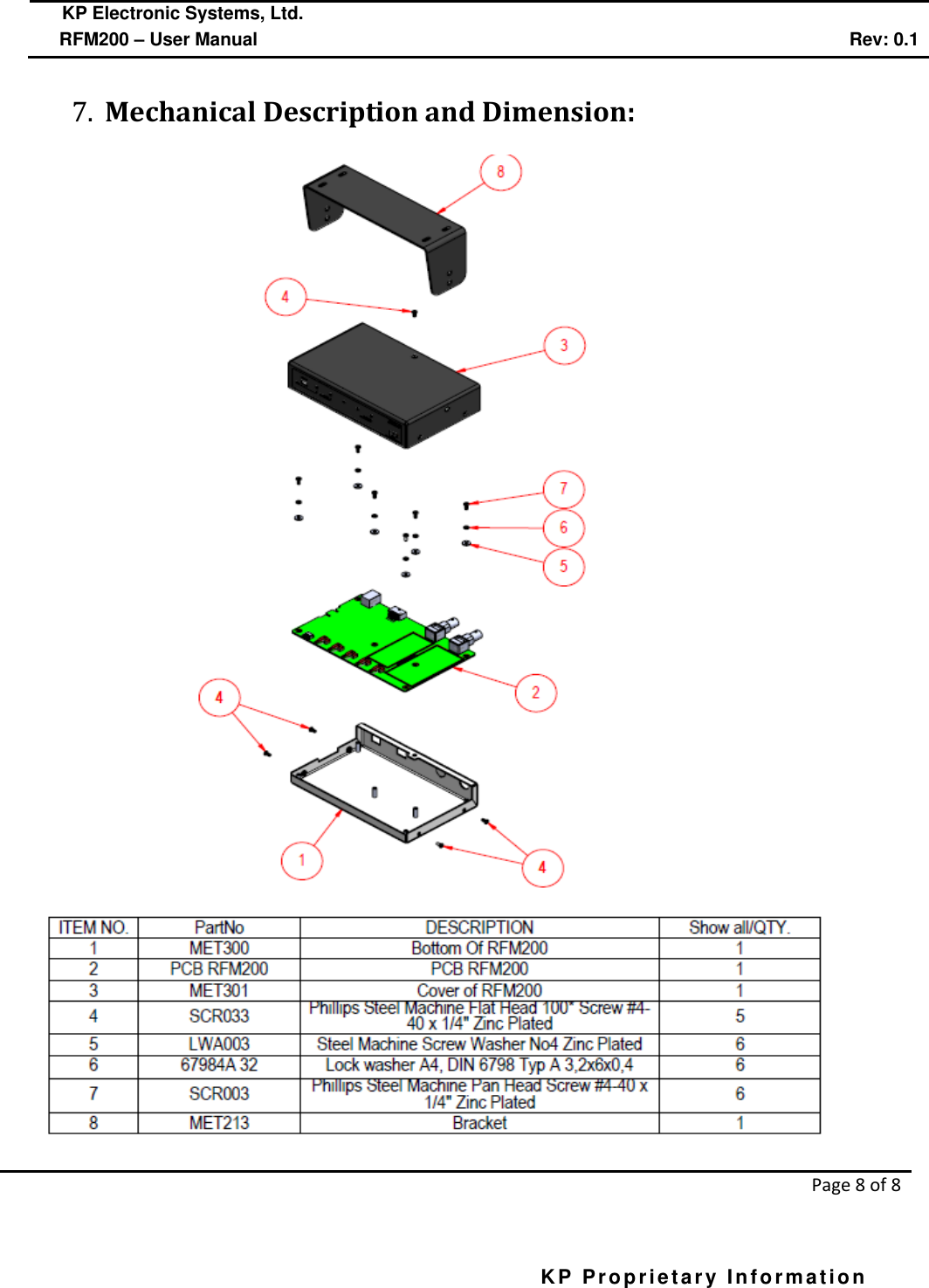  KP Electronic Systems, Ltd.      RFM200 – User Manual Rev: 0.1   Page 8 of 8  KP Proprietary Information        7. Mechanical Description and Dimension:  