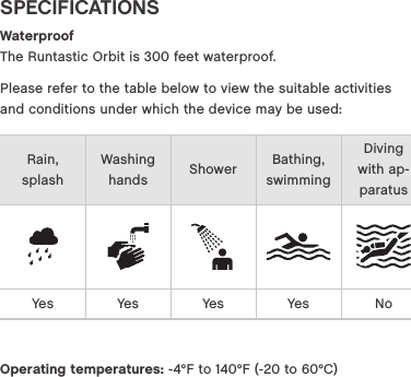 SPECIFICATIONSWaterproof The Runtastic Orbit is 300 feet waterproof. Please refer to the table below to view the suitable activities  and conditions under which the device may be used:Rain, splashWashing hands Shower Bathing, swimmingDiving with ap-paratusYes Yes Yes Yes NoOperating temperatures: -4&deg;F to 140&deg;F (-20 to 60&deg;C)