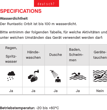 SPECIFICATIONSWasserdichtheit Der Runtastic Orbit ist bis 100 m wasserdicht. Bitte entnimm der folgenden Tabelle, f&uuml;r welche Aktivit&auml;ten und unter welchen Umst&auml;nden das Ger&auml;t verwendet werden darf: Regen,Spritz- wasserH&auml;nde- waschen DuscheBaden, Schwim-menGer&auml;te- tauchenJa Ja Ja Ja NeinBetriebstemperatur: -20 bis +60&deg;Cdeutsch?