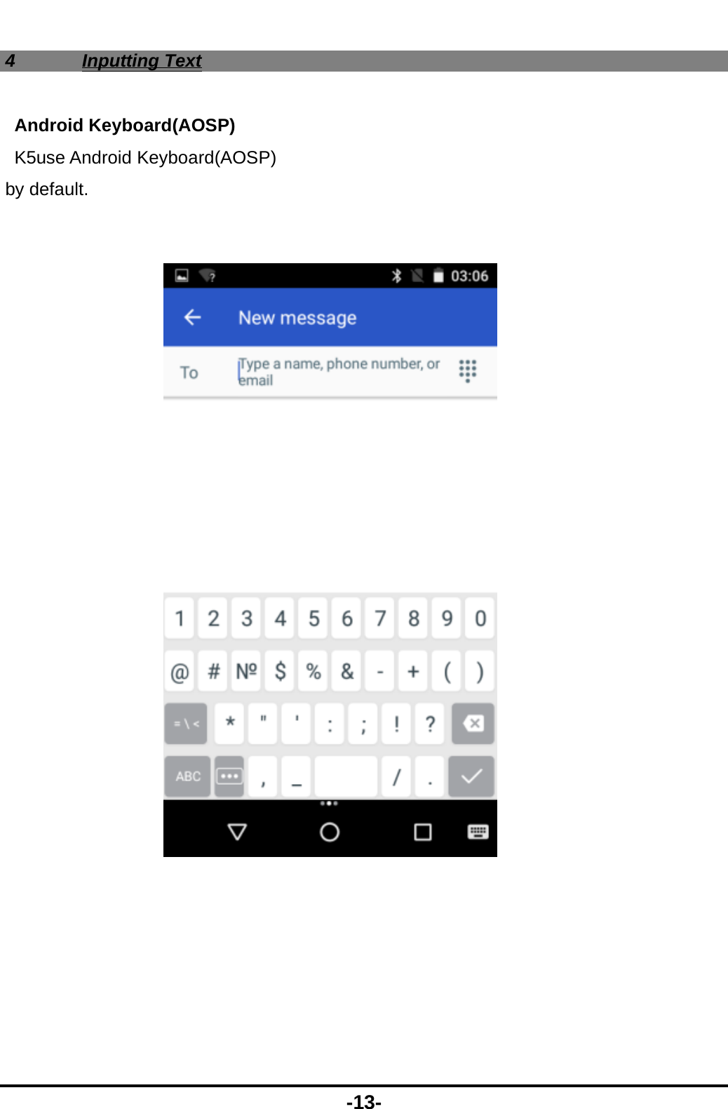  -13- 4 Inputting Text Android Keyboard(AOSP) K5use Android Keyboard(AOSP) by default.      