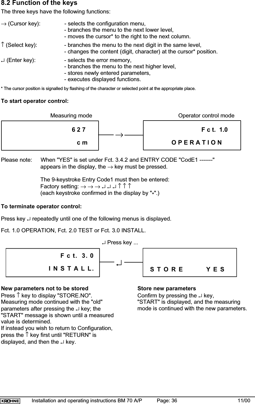 Installation and operating instructions BM 70 A/P Page: 36 11/008.2 Function of the keysThe three keys have the following functions:→ (Cursor key): - selects the configuration menu,- branches the menu to the next lower level,- moves the cursor* to the right to the next column.↑ (Select key): - branches the menu to the next digit in the same level,- changes the content (digit, character) at the cursor* position.↵(Enter key): - selects the error memory,- branches the menu to the next higher level,- stores newly entered parameters,- executes displayed functions.* The cursor position is signalled by flashing of the character or selected point at the appropriate place.To start operator control:Measuring mode Operator control modePlease note: When &quot;YES&quot; is set under Fct. 3.4.2 and ENTRY CODE &quot;CodE1 -------&quot;appears in the display, the → key must be pressed.The 9-keystroke Entry Code1 must then be entered:Factory setting: →→→↵↵↵↑↑↑(each keystroke confirmed in the display by &quot;*&quot;.)To terminate operator control:Press key ↵ repeatedly until one of the following menus is displayed.Fct. 1.0 OPERATION, Fct. 2.0 TEST or Fct. 3.0 INSTALL.↵Press key ...New parameters not to be storedPress ↑ key to display &quot;STORE.NO&quot;.Measuring mode continued with the &quot;old&quot;parameters after pressing the ↵ key; the&quot;START&quot; message is shown until a measuredvalue is determined.If instead you wish to return to Configuration,press the ↑ key first until &quot;RETURN&quot; isdisplayed, and then the ↵ key.Store new parametersConfirm by pressing the ↵ key,&quot;START&quot; is displayed, and the measuringmode is continued with the new parameters.6 2 7c mF c t.  1.0O P E R A T I O N→F c t.  3. 0S T O R E           Y E SI N S T A L L.↵