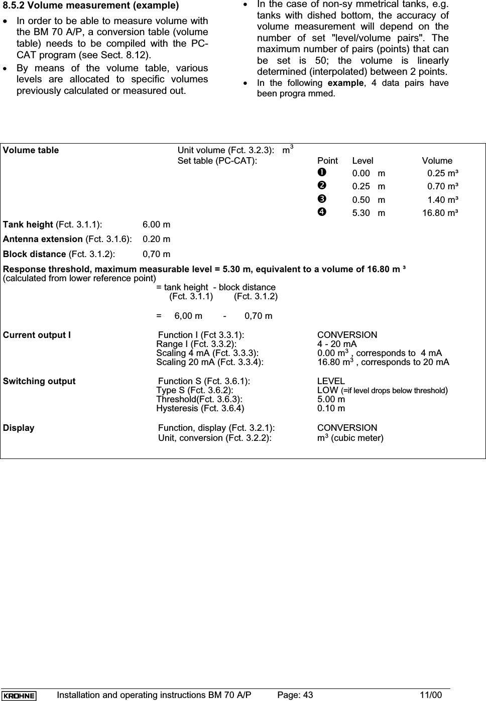 Installation and operating instructions BM 70 A/P Page: 43 11/008.5.2 Volume measurement (example)•In order to be able to measure volume withthe BM 70 A/P, a conversion table (volumetable) needs to be compiled with the PC-CAT program (see Sect. 8.12).•By means of the volume table, variouslevels are allocated to specific volumespreviously calculated or measured out.•In the case of non-sy mmetrical tanks, e.g.tanks with dished bottom, the accuracy ofvolume measurement will depend on thenumber of set &quot;level/volume pairs&quot;. Themaximum number of pairs (points) that canbe set is 50; the volume is linearlydetermined (interpolated) between 2 points.•In the following example, 4 data pairs havebeen progra mmed.Volume table Unit volume (Fct. 3.2.3): m3Set table (PC-CAT): Point Level Volumen0.00   m   0.25 m³o0.25   m   0.70 m³p0.50   m   1.40 m³q5.30   m 16.80 m³Tank height (Fct. 3.1.1): 6.00 mAntenna extension (Fct. 3.1.6): 0.20 mBlock distance (Fct. 3.1.2): 0,70 mResponse threshold, maximum measurable level = 5.30 m, equivalent to a volume of 16.80 m ³(calculated from lower reference point)= tank height  - block distance     (Fct. 3.1.1)        (Fct. 3.1.2)=     6,00 m        -       0,70 mCurrent output I       Function I (Fct 3.3.1): CONVERSIONRange I (Fct. 3.3.2): 4 - 20 mAScaling 4 mA (Fct. 3.3.3): 0.00 m3 , corresponds to  4 mAScaling 20 mA (Fct. 3.3.4): 16.80 m3 , corresponds to 20 mASwitching output       Function S (Fct. 3.6.1): LEVELType S (Fct. 3.6.2): LOW (=if level drops below threshold)Threshold(Fct. 3.6.3): 5.00 mHysteresis (Fct. 3.6.4) 0.10 mDisplay       Function, display (Fct. 3.2.1): CONVERSION      Unit, conversion (Fct. 3.2.2): m3 (cubic meter)