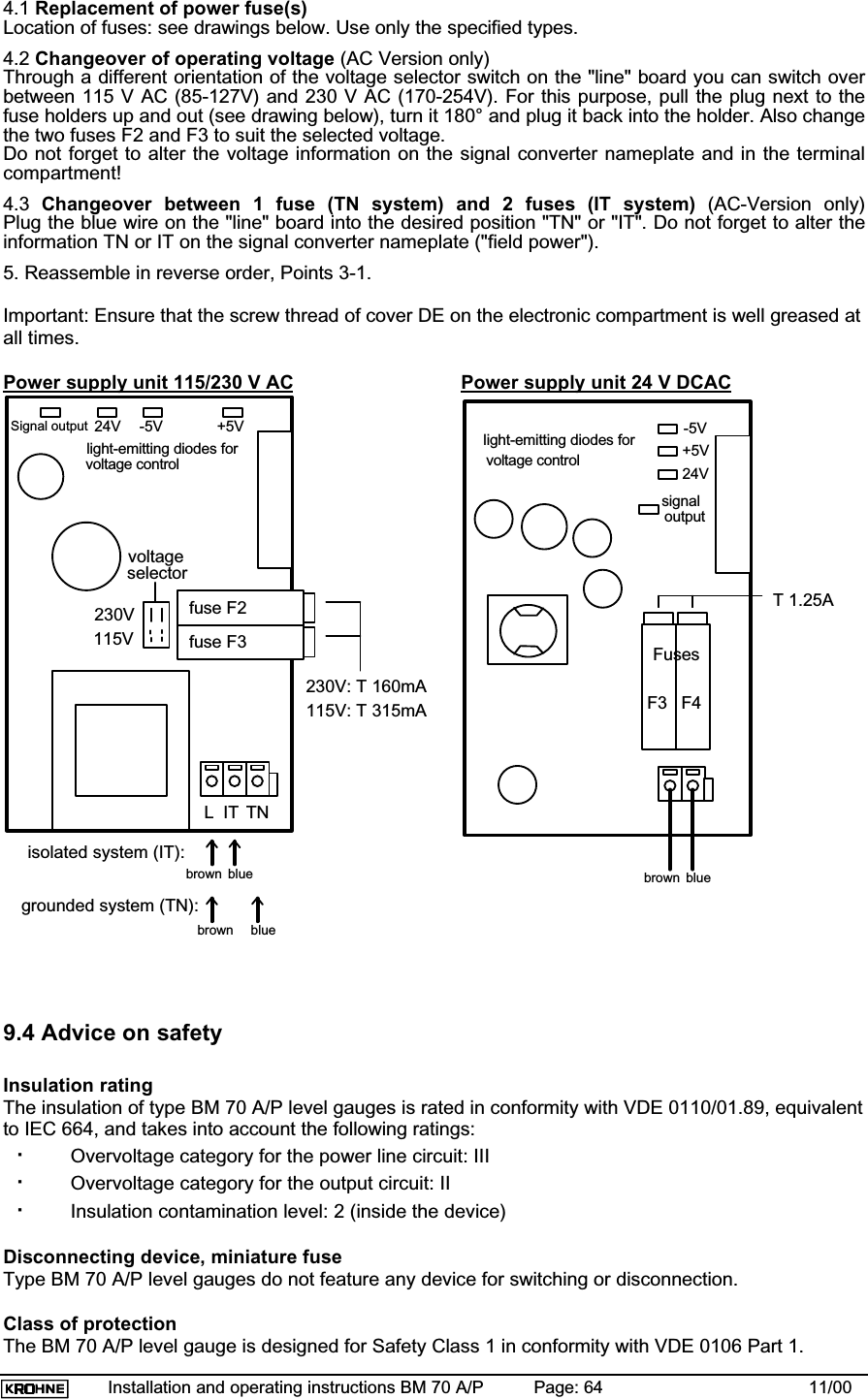 Installation and operating instructions BM 70 A/P Page: 64 11/004.1 Replacement of power fuse(s)Location of fuses: see drawings below. Use only the specified types.4.2 Changeover of operating voltage (AC Version only)Through a different orientation of the voltage selector switch on the &quot;line&quot; board you can switch overbetween 115 V AC (85-127V) and 230 V AC (170-254V). For this purpose, pull the plug next to thefuse holders up and out (see drawing below), turn it 180° and plug it back into the holder. Also changethe two fuses F2 and F3 to suit the selected voltage.Do not forget to alter the voltage information on the signal converter nameplate and in the terminalcompartment!4.3 Changeover between 1 fuse (TN system) and 2 fuses (IT system) (AC-Version only)Plug the blue wire on the &quot;line&quot; board into the desired position &quot;TN&quot; or &quot;IT&quot;. Do not forget to alter theinformation TN or IT on the signal converter nameplate (&quot;field power&quot;).5. Reassemble in reverse order, Points 3-1.Important: Ensure that the screw thread of cover DE on the electronic compartment is well greased atall times.Power supply unit 115/230 V AC Power supply unit 24 V DCACLITTNfuse F2fuse F3230V115Vvoltageselectorisolated system (IT):grounded system (TN):brown bluebrown blue230V: T 160mA115V: T 315mAlight-emitting diodes forvoltage control24V -5V +5VSignal outputbrown blueF3 F4FusesT 1.25A-5V+5V24Vsignaloutputlight-emitting diodes forvoltage control9.4 Advice on safetyInsulation ratingThe insulation of type BM 70 A/P level gauges is rated in conformity with VDE 0110/01.89, equivalentto IEC 664, and takes into account the following ratings:·Overvoltage category for the power line circuit: III·Overvoltage category for the output circuit: II·Insulation contamination level: 2 (inside the device)Disconnecting device, miniature fuseType BM 70 A/P level gauges do not feature any device for switching or disconnection.Class of protectionThe BM 70 A/P level gauge is designed for Safety Class 1 in conformity with VDE 0106 Part 1.