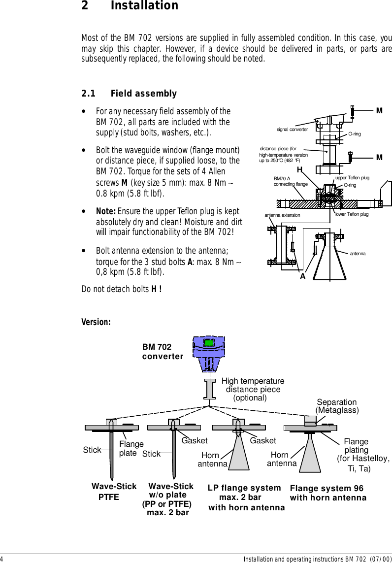 4 Installation and operating instructions BM 702  (07/00)2 InstallationMost of the BM 702 versions are supplied in fully assembled condition. In this case, youmay skip this chapter. However, if a device should be delivered in parts, or parts aresubsequently replaced, the following should be noted.2.1 Field assembly• For any necessary field assembly of theBM 702, all parts are included with thesupply (stud bolts, washers, etc.).• Bolt the waveguide window (flange mount)or distance piece, if supplied loose, to theBM 702. Torque for the sets of 4 Allenscrews M (key size 5 mm): max. 8 Nm ∼0.8 kpm (5.8 ft lbf).• Note: Ensure the upper Teflon plug is keptabsolutely dry and clean! Moisture and dirtwill impair functionability of the BM 702!• Bolt antenna extension to the antenna;torque for the 3 stud bolts A: max. 8 Nm ∼0,8 kpm (5.8 ft lbf).Do not detach bolts H !distance piece (forhigh-temperature versionup to 250°C (482 °F)upper Teflon plugO-ringlower Teflon plugO-ringBM70 Aconnecting flangeantenna extensionantennaMHMAsignal converterVersion:FlangeStick plating(for Hastelloy,StickGasket GasketHornantennaSeparation(Metaglass)Wave-Stick Wave-Stick(PP or PTFE)Flange system 96with horn antennaLP flange systemmax. 2 barmax. 2 bardistance piece(optional)High temperatureplate HornantennaFlangeTi, Ta)PTFE w/o platewith horn antennaBM 702converter