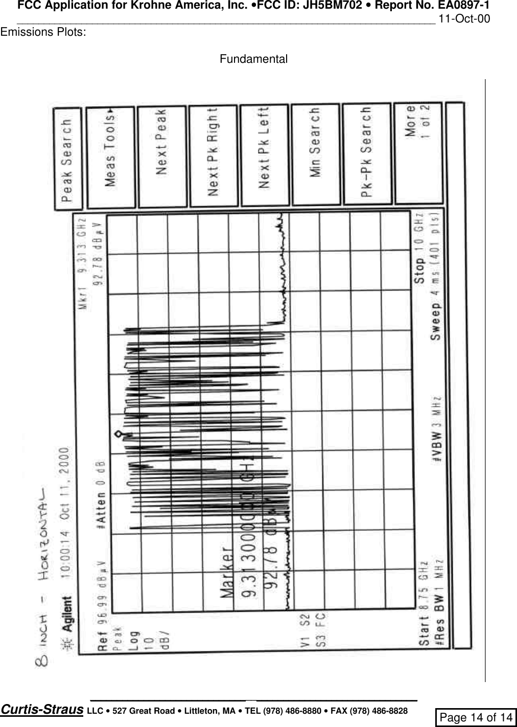 FCC Application for Krohne America, Inc. ••FCC ID: JH5BM702 •• Report No. EA0897-1______________________________________________________________________________ 11-Oct-00_____________________________________________________________Curtis-Straus LLC •• 527 Great Road •• Littleton, MA •• TEL (978) 486-8880 •• FAX (978) 486-8828 Page 14 of 14Emissions Plots:Fundamental