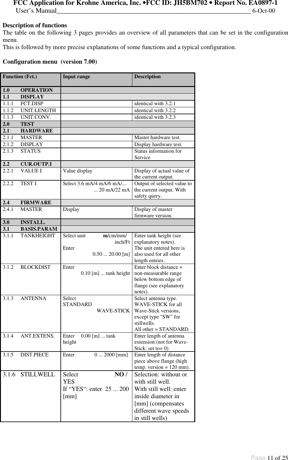 FCC Application for Krohne America, Inc. ••FCC ID: JH5BM702 •• Report No. EA0897-1User’s Manual________________________________________________________ 6-Oct-00Page 11 of 25Description of functionsThe table on the following 3 pages provides an overview of all parameters that can be set in the configurationmenu.This is followed by more precise explanations of some functions and a typical configuration.Configuration menu  (version 7.00)Function (Fct.) Input range Description1.0 OPERATION1.1 DISPLAY1.1.1 FCT.DISP identical with 3.2.11.1.2 UNIT.LENGTH identical with 3.2.21.1.3 UNIT.CONV. identical with 3.2.32.0 TEST2.1 HARDWARE2.1.1 MASTER Master hardware test.2.1.2 DISPLAY Display hardware test.2.1.3 STATUS Status information forService2.2 CUR.OUTP.I2.2.1 VALUE I Value display Display of actual value ofthe current output.2.2.2 TEST I Select 3.6 mA/4 mA/6 mA/...... 20 mA/22 mA Output of selected value tothe current output. Withsafety query.2.4 FIRMWARE2.4.1 MASTER Display Display of masterfirmware version.3.0 INSTALL.3.1 BASIS.PARAM3.1.1 TANKHEIGHT Select unit             m/cm/mm/inch/FtEnter 0.50 ... 20.00 [m]Enter tank height (seeexplanatory notes).The unit entered here isalso used for all otherlength entries.3.1.2 BLOCKDIST Enter 0.10 [m] ... tank height Enter block distance =non-measurable rangebelow bottom edge offlange (see explanatorynotes).3.1.3 ANTENNA SelectSTANDARD WAVE-STICKSelect antenna type.WAVE-STICK for allWave-Stick versions,except type &quot;SW&quot; forstillwells.All other = STANDARD.3.1.4 ANT.EXTENS. Enter     0.00 [m] ... tankheight Enter length of antennaextension (not for Wave-Stick: set to= 0)3.1.5 DIST.PIECE Enter               0 ... 2000 [mm] Enter length of distancepiece above flange (hightemp. version = 120 mm).3.1.6 STILLWELL Select                       NO /YESIf “YES“: enter  25 ... 200[mm]Selection: without orwith still well.With still well: enterinside diameter in[mm] (compensatesdifferent wave speedsin still wells)