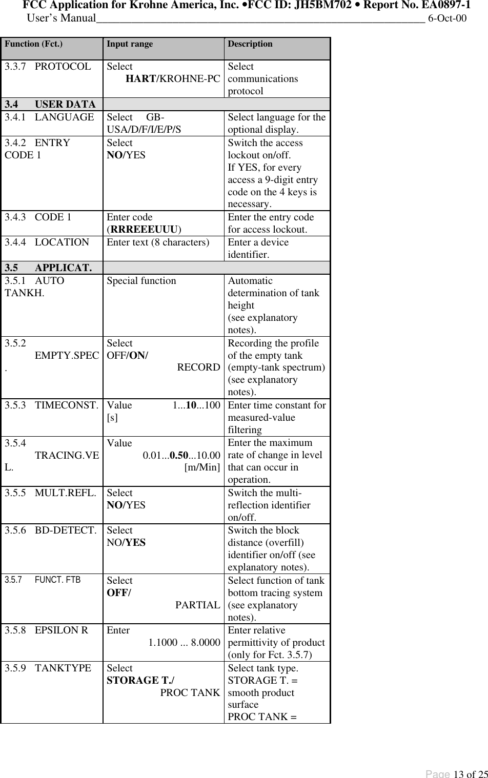 FCC Application for Krohne America, Inc. ••FCC ID: JH5BM702 •• Report No. EA0897-1User’s Manual________________________________________________________ 6-Oct-00Page 13 of 25Function (Fct.) Input range Description3.3.7 PROTOCOL SelectHART/KROHNE-PC Selectcommunicationsprotocol3.4 USER DATA3.4.1 LANGUAGE Select     GB-USA/D/F/I/E/P/S Select language for theoptional display.3.4.2 ENTRYCODE 1 SelectNO/YES Switch the accesslockout on/off.If YES, for everyaccess a 9-digit entrycode on the 4 keys isnecessary.3.4.3 CODE 1 Enter code(RRREEEUUU)Enter the entry codefor access lockout.3.4.4 LOCATION Enter text (8 characters) Enter a deviceidentifier.3.5 APPLICAT.3.5.1 AUTOTANKH. Special function Automaticdetermination of tankheight(see explanatorynotes).3.5.2 EMPTY.SPEC.SelectOFF/ON/RECORDRecording the profileof the empty tank(empty-tank spectrum)(see explanatorynotes).3.5.3 TIMECONST. Value               1...10...100[s] Enter time constant formeasured-valuefiltering3.5.4 TRACING.VEL.Value 0.01...0.50...10.00[m/Min]Enter the maximumrate of change in levelthat can occur inoperation.3.5.5 MULT.REFL. SelectNO/YES Switch the multi-reflection identifieron/off.3.5.6 BD-DETECT. SelectNO/YES Switch the blockdistance (overfill)identifier on/off (seeexplanatory notes).3.5.7 FUNCT. FTB SelectOFF/PARTIALSelect function of tankbottom tracing system(see explanatorynotes).3.5.8 EPSILON R Enter 1.1000 ... 8.0000 Enter relativepermittivity of product(only for Fct. 3.5.7)3.5.9 TANKTYPE SelectSTORAGE T./PROC TANKSelect tank type.STORAGE T. =smooth productsurfacePROC TANK =