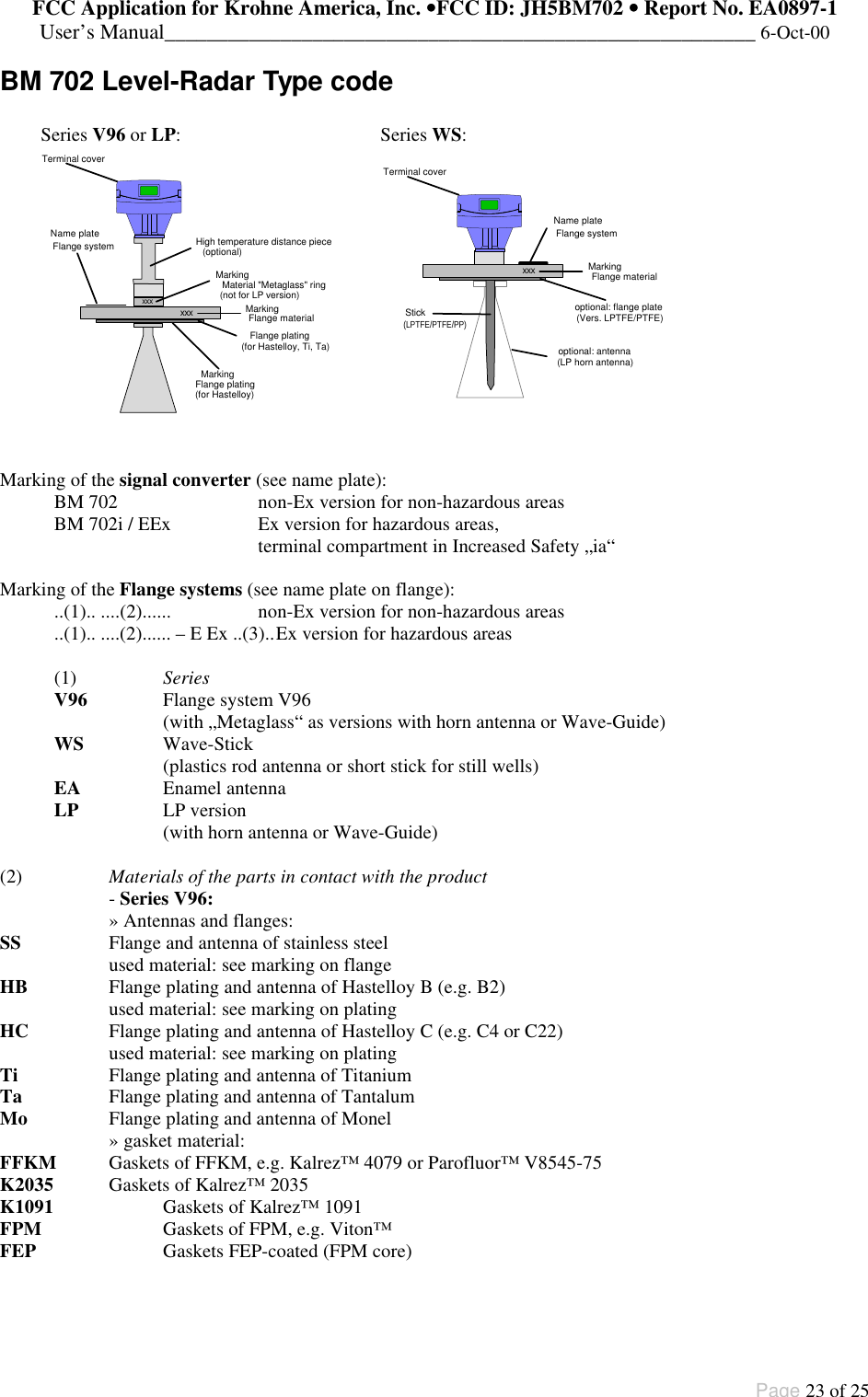 FCC Application for Krohne America, Inc. ••FCC ID: JH5BM702 •• Report No. EA0897-1User’s Manual________________________________________________________ 6-Oct-00Page 23 of 25BM 702 Level-Radar Type codeSeries V96 or LP:Series WS:Marking of the signal converter (see name plate):BM 702 non-Ex version for non-hazardous areasBM 702i / EEx Ex version for hazardous areas,terminal compartment in Increased Safety „ia“Marking of the Flange systems (see name plate on flange):..(1).. ....(2)...... non-Ex version for non-hazardous areas..(1).. ....(2)...... – E Ex ..(3)..Ex version for hazardous areas(1) SeriesV96 Flange system V96(with „Metaglass“ as versions with horn antenna or Wave-Guide)WS Wave-Stick(plastics rod antenna or short stick for still wells)EA Enamel antennaLP LP version(with horn antenna or Wave-Guide)(2) Materials of the parts in contact with the product- Series V96:» Antennas and flanges:SS Flange and antenna of stainless steelused material: see marking on flangeHB Flange plating and antenna of Hastelloy B (e.g. B2)used material: see marking on platingHC Flange plating and antenna of Hastelloy C (e.g. C4 or C22)used material: see marking on platingTi Flange plating and antenna of TitaniumTa Flange plating and antenna of TantalumMo Flange plating and antenna of Monel» gasket material:FFKM Gaskets of FFKM, e.g. Kalrez™ 4079 or Parofluor™ V8545-75K2035 Gaskets of Kalrez™ 2035K1091 Gaskets of Kalrez™ 1091FPM Gaskets of FPM, e.g. Viton™FEP Gaskets FEP-coated (FPM core)xxxxxxName plateFlange systemFlange materialMaterial &quot;Metaglass&quot; ringHigh temperature distance piece(optional)Flange plating(for Hastelloy, Ti, Ta)MarkingMarkingMarkingFlange plating(for Hastelloy)Terminal cover(not for LP version)xxxName plateFlange systemFlange materialoptional: flange plate(Vers. LPTFE/PTFE)optional: antenna(LP horn antenna)Stick(LPTFE/PTFE/PP)MarkingTerminal cover