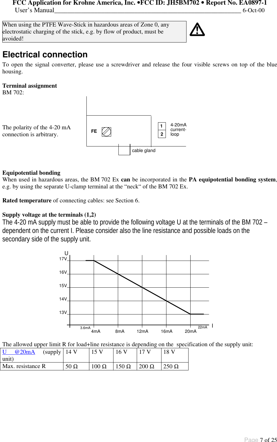 FCC Application for Krohne America, Inc. ••FCC ID: JH5BM702 •• Report No. EA0897-1User’s Manual________________________________________________________ 6-Oct-00Page 7 of 25When using the PTFE Wave-Stick in hazardous areas of Zone 0, anyelectrostatic charging of the stick, e.g. by flow of product, must beavoided!Electrical connectionTo open the signal converter, please use a screwdriver and release the four visible screws on top of the bluehousing.Terminal assignmentBM 702:The polarity of the 4-20 mAconnection is arbitrary. FE 124-20mAcurrent-loopcable glandEquipotential bondingWhen used in hazardous areas, the BM 702 Ex can be incorporated in the PA equipotential bonding system,e.g. by using the separate U-clamp terminal at the “neck“ of the BM 702 Ex.Rated temperature of connecting cables: see Section 6.Supply voltage at the terminals (1,2)The 4-20 mA supply must be able to provide the following voltage U at the terminals of the BM 702 –dependent on the current I. Please consider also the line resistance and possible loads on thesecondary side of the supply unit.4mA 12mA8mA 16mA 20mA3.6mA 22mA IU13V14V15V16V17VThe allowed upper limit R for load+line resistance is depending on the  specification of the supply unit:U @20mA (supplyunit) 14 V 15 V 16 V 17 V 18 VMax. resistance R 50 Ω100 Ω150 Ω200 Ω250 Ω