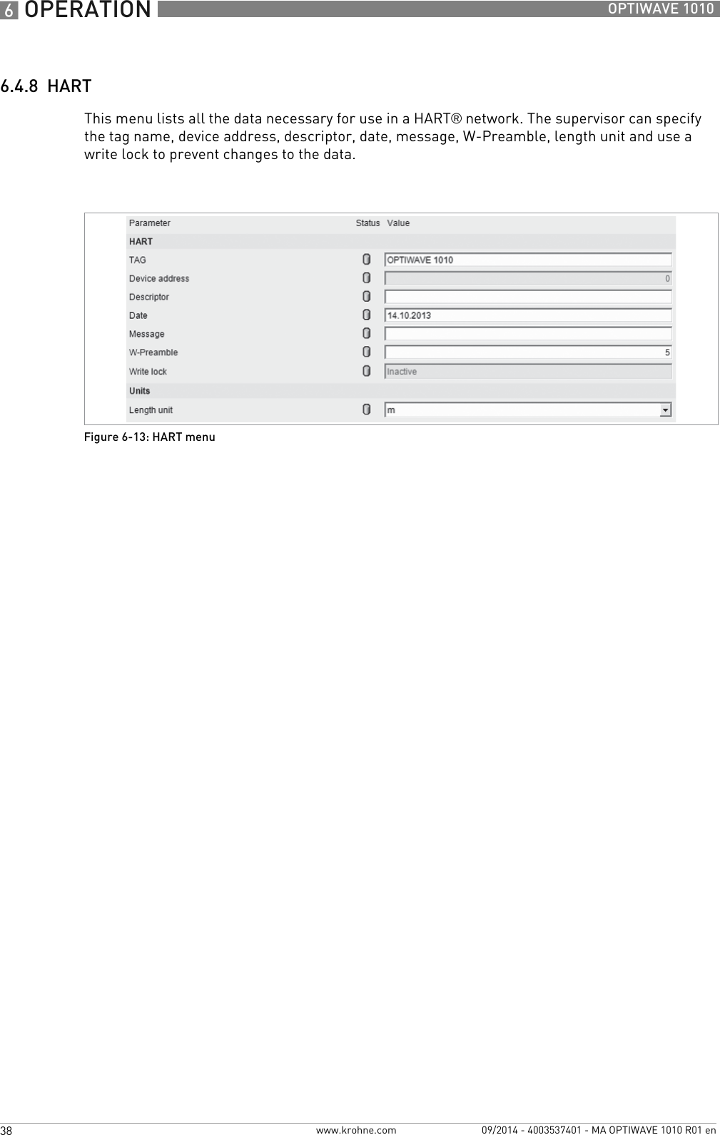 6 OPERATION 38 OPTIWAVE 1010www.krohne.com 09/2014 - 4003537401 - MA OPTIWAVE 1010 R01 en6.4.8  HARTThis menu lists all the data necessary for use in a HART® network. The supervisor can specify the tag name, device address, descriptor, date, message, W-Preamble, length unit and use a write lock to prevent changes to the data.Figure 6-13: HART menu