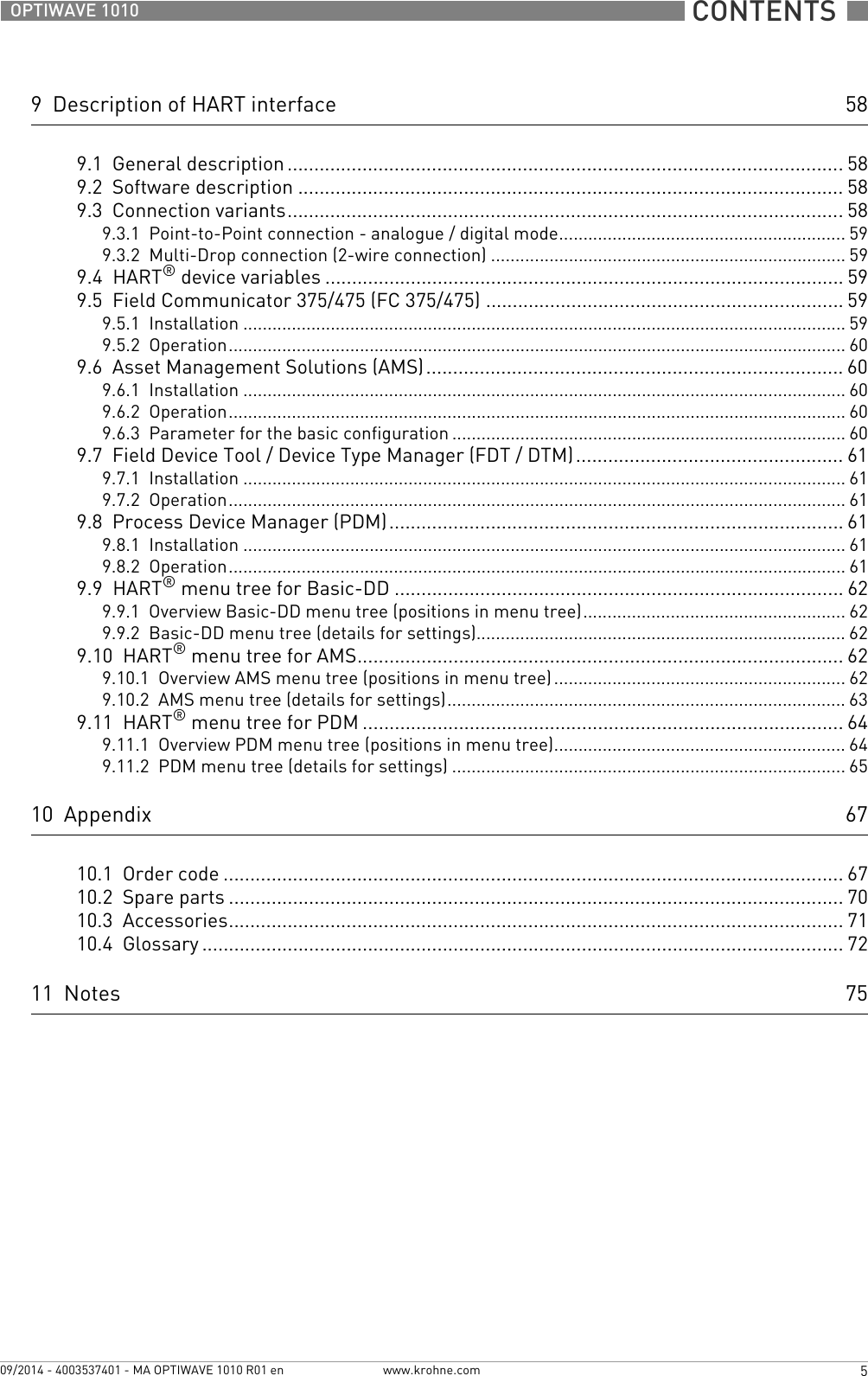  CONTENTS  5www.krohne.com09/2014 - 4003537401 - MA OPTIWAVE 1010 R01 enOPTIWAVE 10109  Description of HART interface 589.1  General description ........................................................................................................589.2  Software description ...................................................................................................... 589.3  Connection variants........................................................................................................589.3.1  Point-to-Point connection - analogue / digital mode........................................................... 599.3.2  Multi-Drop connection (2-wire connection) ......................................................................... 599.4  HART® device variables ................................................................................................. 599.5  Field Communicator 375/475 (FC 375/475) ................................................................... 599.5.1  Installation ............................................................................................................................ 599.5.2  Operation............................................................................................................................... 609.6  Asset Management Solutions (AMS) .............................................................................. 609.6.1  Installation ............................................................................................................................ 609.6.2  Operation............................................................................................................................... 609.6.3  Parameter for the basic configuration ................................................................................. 609.7  Field Device Tool / Device Type Manager (FDT / DTM).................................................. 619.7.1  Installation ............................................................................................................................ 619.7.2  Operation............................................................................................................................... 619.8  Process Device Manager (PDM)..................................................................................... 619.8.1  Installation ............................................................................................................................ 619.8.2  Operation............................................................................................................................... 619.9  HART® menu tree for Basic-DD .................................................................................... 629.9.1  Overview Basic-DD menu tree (positions in menu tree)...................................................... 629.9.2  Basic-DD menu tree (details for settings)............................................................................ 629.10  HART® menu tree for AMS........................................................................................... 629.10.1  Overview AMS menu tree (positions in menu tree)............................................................ 629.10.2  AMS menu tree (details for settings).................................................................................. 639.11  HART® menu tree for PDM .......................................................................................... 649.11.1  Overview PDM menu tree (positions in menu tree)............................................................ 649.11.2  PDM menu tree (details for settings) ................................................................................. 6510  Appendix 6710.1  Order code .................................................................................................................... 6710.2  Spare parts ................................................................................................................... 7010.3  Accessories................................................................................................................... 7110.4  Glossary ........................................................................................................................ 7211  Notes 75