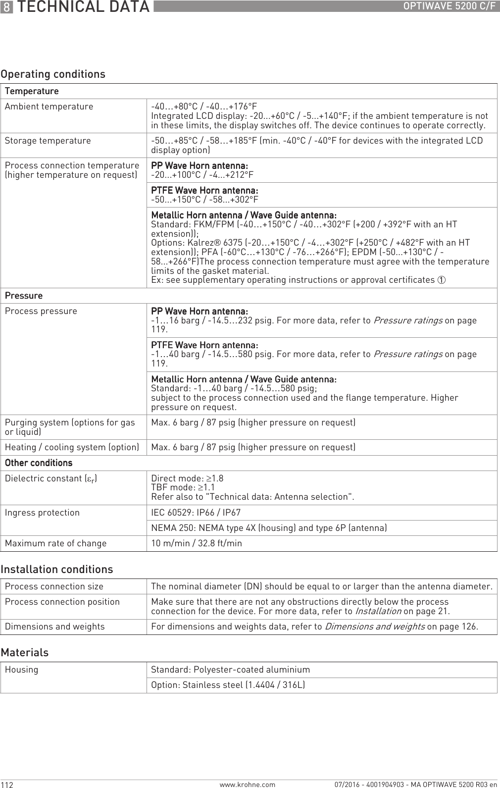 8 TECHNICAL DATA 112 OPTIWAVE 5200 C/Fwww.krohne.com 07/2016 - 4001904903 - MA OPTIWAVE 5200 R03 enOperating conditionsTemperatureTemperatureTemperatureTemperatureAmbient temperature -40…+80°C/ -40…+176°FIntegrated LCD display: -20...+60°C / -5...+140°F; if the ambient temperature is not in these limits, the display switches off. The device continues to operate correctly.Storage temperature -50…+85°C/ -58…+185°F (min. -40°C/ -40°F for devices with the integrated LCD display option)Process connection temperature(higher temperature on request) PP Wave Horn antenna:PP Wave Horn antenna:PP Wave Horn antenna:PP Wave Horn antenna:-20...+100°C / -4...+212°FPTFE Wave Horn antenna:PTFE Wave Horn antenna:PTFE Wave Horn antenna:PTFE Wave Horn antenna:-50...+150°C / -58...+302°FMetallic Horn antenna / Wave Guide antenna:Metallic Horn antenna / Wave Guide antenna:Metallic Horn antenna / Wave Guide antenna:Metallic Horn antenna / Wave Guide antenna:Standard: FKM/FPM (-40…+150°C/ -40…+302°F (+200 / +392°F with an HT extension));Options: Kalrez® 6375 (-20…+150°C/ -4…+302°F (+250°C / +482°F with an HT extension)); PFA (-60°C…+130°C/ -76…+266°F); EPDM (-50...+130°C/ -58...+266°F)The process connection temperature must agree with the temperature limits of the gasket material.Ex: see supplementary operating instructions or approval certificates 1PressurePressurePressurePressureProcess pressure PP Wave Horn antenna:PP Wave Horn antenna:PP Wave Horn antenna:PP Wave Horn antenna:-1…16 barg / -14.5…232 psig. For more data, refer to Pressure ratings on page 119.PTFE Wave Horn antenna:PTFE Wave Horn antenna:PTFE Wave Horn antenna:PTFE Wave Horn antenna:-1…40 barg / -14.5…580 psig. For more data, refer to Pressure ratings on page 119.Metallic Horn antenna / Wave Guide antenna:Metallic Horn antenna / Wave Guide antenna:Metallic Horn antenna / Wave Guide antenna:Metallic Horn antenna / Wave Guide antenna:Standard: -1…40 barg / -14.5…580 psig;subject to the process connection used and the flange temperature. Higher pressure on request.Purging system (options for gas or liquid) Max. 6 barg / 87 psig (higher pressure on request)Heating / cooling system (option) Max. 6 barg / 87 psig (higher pressure on request)Other conditionsOther conditionsOther conditionsOther conditionsDielectric constant (εr)Direct mode: ≥1.8TBF mode: ≥1.1Refer also to &quot;Technical data: Antenna selection&quot;.Ingress protection IEC 60529: IP66 / IP67NEMA 250: NEMA type 4X (housing) and type 6P (antenna)Maximum rate of change 10 m/min / 32.8 ft/minInstallation conditionsProcess connection size The nominal diameter (DN) should be equal to or larger than the antenna diameter.Process connection position Make sure that there are not any obstructions directly below the process connection for the device. For more data, refer to Installation on page 21.Dimensions and weights For dimensions and weights data, refer to Dimensions and weights on page 126.MaterialsHousing Standard: Polyester-coated aluminiumOption: Stainless steel (1.4404 / 316L)