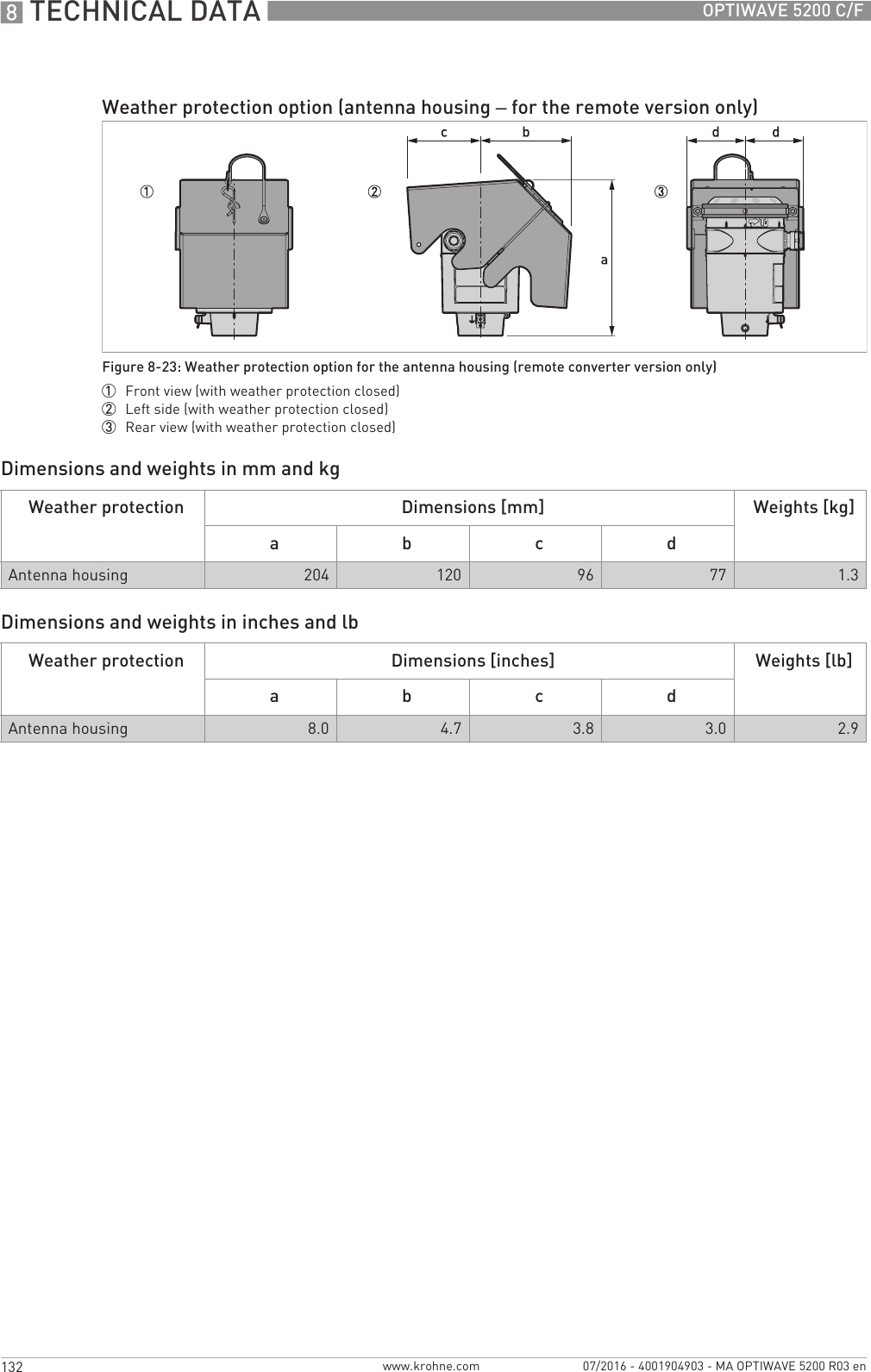 8 TECHNICAL DATA 132 OPTIWAVE 5200 C/Fwww.krohne.com 07/2016 - 4001904903 - MA OPTIWAVE 5200 R03 enDimensions and weights in mm and kgDimensions and weights in inches and lbWeather protection option (antenna housing – for the remote version only)Figure 8-23: Weather protection option for the antenna housing (remote converter version only)1  Front view (with weather protection closed)2  Left side (with weather protection closed)3  Rear view (with weather protection closed)Weather protection Dimensions [mm] Weights [kg]a b c dAntenna housing 204 120 96 77 1.3Weather protection Dimensions [inches] Weights [lb]a b c dAntenna housing 8.0 4.7 3.8 3.0 2.9