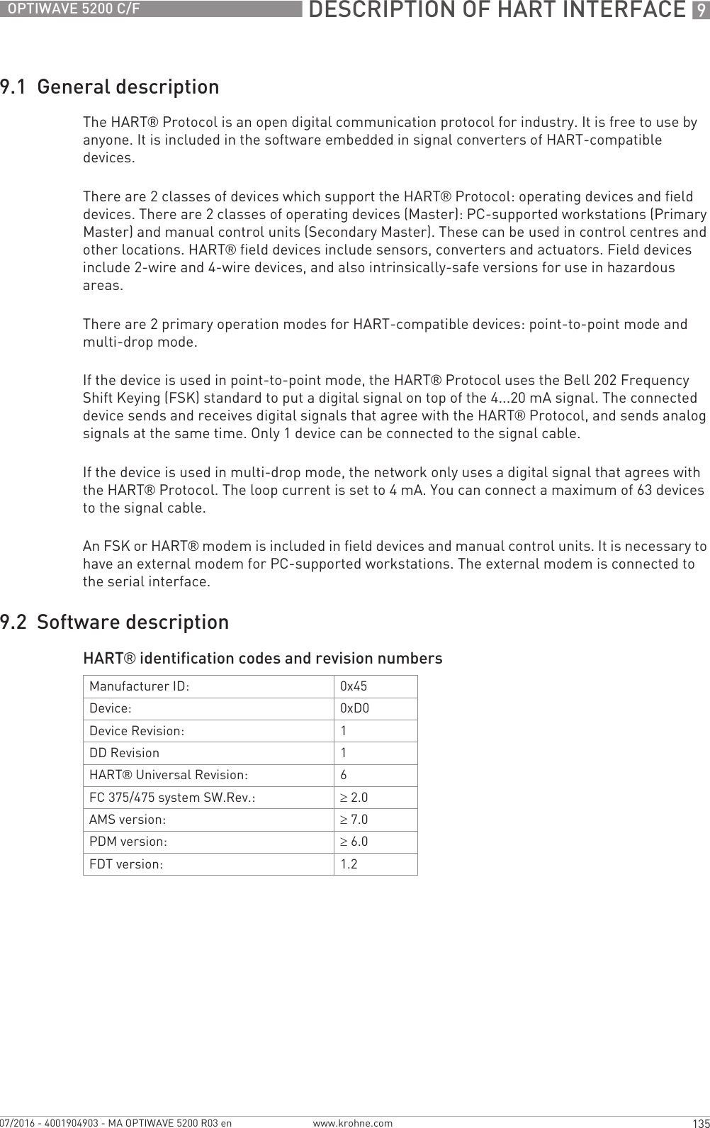  DESCRIPTION OF HART INTERFACE 9135OPTIWAVE 5200 C/Fwww.krohne.com07/2016 - 4001904903 - MA OPTIWAVE 5200 R03 en9.1  General descriptionThe HART® Protocol is an open digital communication protocol for industry. It is free to use by anyone. It is included in the software embedded in signal converters of HART-compatible devices.There are 2 classes of devices which support the HART® Protocol: operating devices and field devices. There are 2 classes of operating devices (Master): PC-supported workstations (Primary Master) and manual control units (Secondary Master). These can be used in control centres and other locations. HART® field devices include sensors, converters and actuators. Field devices include 2-wire and 4-wire devices, and also intrinsically-safe versions for use in hazardous areas.There are 2 primary operation modes for HART-compatible devices: point-to-point mode and multi-drop mode.If the device is used in point-to-point mode, the HART® Protocol uses the Bell 202 Frequency Shift Keying (FSK) standard to put a digital signal on top of the 4...20 mA signal. The connected device sends and receives digital signals that agree with the HART® Protocol, and sends analog signals at the same time. Only 1 device can be connected to the signal cable.If the device is used in multi-drop mode, the network only uses a digital signal that agrees with the HART® Protocol. The loop current is set to 4 mA. You can connect a maximum of 63 devices to the signal cable.An FSK or HART® modem is included in field devices and manual control units. It is necessary to have an external modem for PC-supported workstations. The external modem is connected to the serial interface.9.2  Software descriptionHART® identification codes and revision numbersManufacturer ID: 0x45Device: 0xD0Device Revision: 1DD Revision 1HART® Universal Revision: 6FC 375/475 system SW.Rev.: ≥2.0AMS version: ≥7.0PDM version: ≥6.0FDT version: 1.2