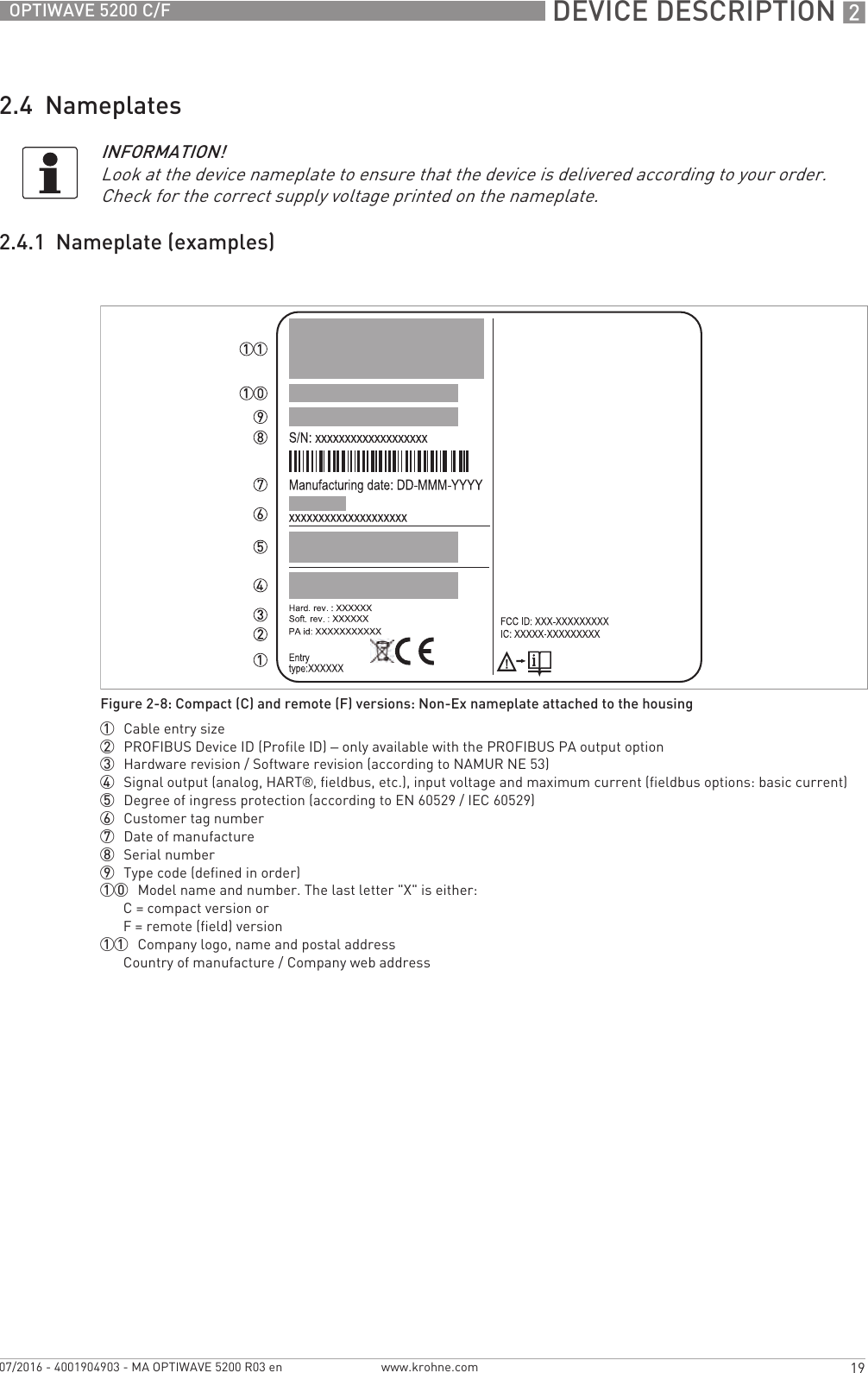  DEVICE DESCRIPTION 219OPTIWAVE 5200 C/Fwww.krohne.com07/2016 - 4001904903 - MA OPTIWAVE 5200 R03 en2.4  Nameplates2.4.1  Nameplate (examples)INFORMATION!Look at the device nameplate to ensure that the device is delivered according to your order. Check for the correct supply voltage printed on the nameplate.Figure 2-8: Compact (C) and remote (F) versions: Non-Ex nameplate attached to the housing1  Cable entry size2  PROFIBUS Device ID (Profile ID) – only available with the PROFIBUS PA output option3  Hardware revision / Software revision (according to NAMUR NE 53)4  Signal output (analog, HART®, fieldbus, etc.), input voltage and maximum current (fieldbus options: basic current)5  Degree of ingress protection (according to EN 60529 / IEC 60529)6  Customer tag number7  Date of manufacture8  Serial number9  Type code (defined in order)10  Model name and number. The last letter &quot;X&quot; is either:C = compact version orF = remote (field) version11  Company logo, name and postal addressCountry of manufacture / Company web address