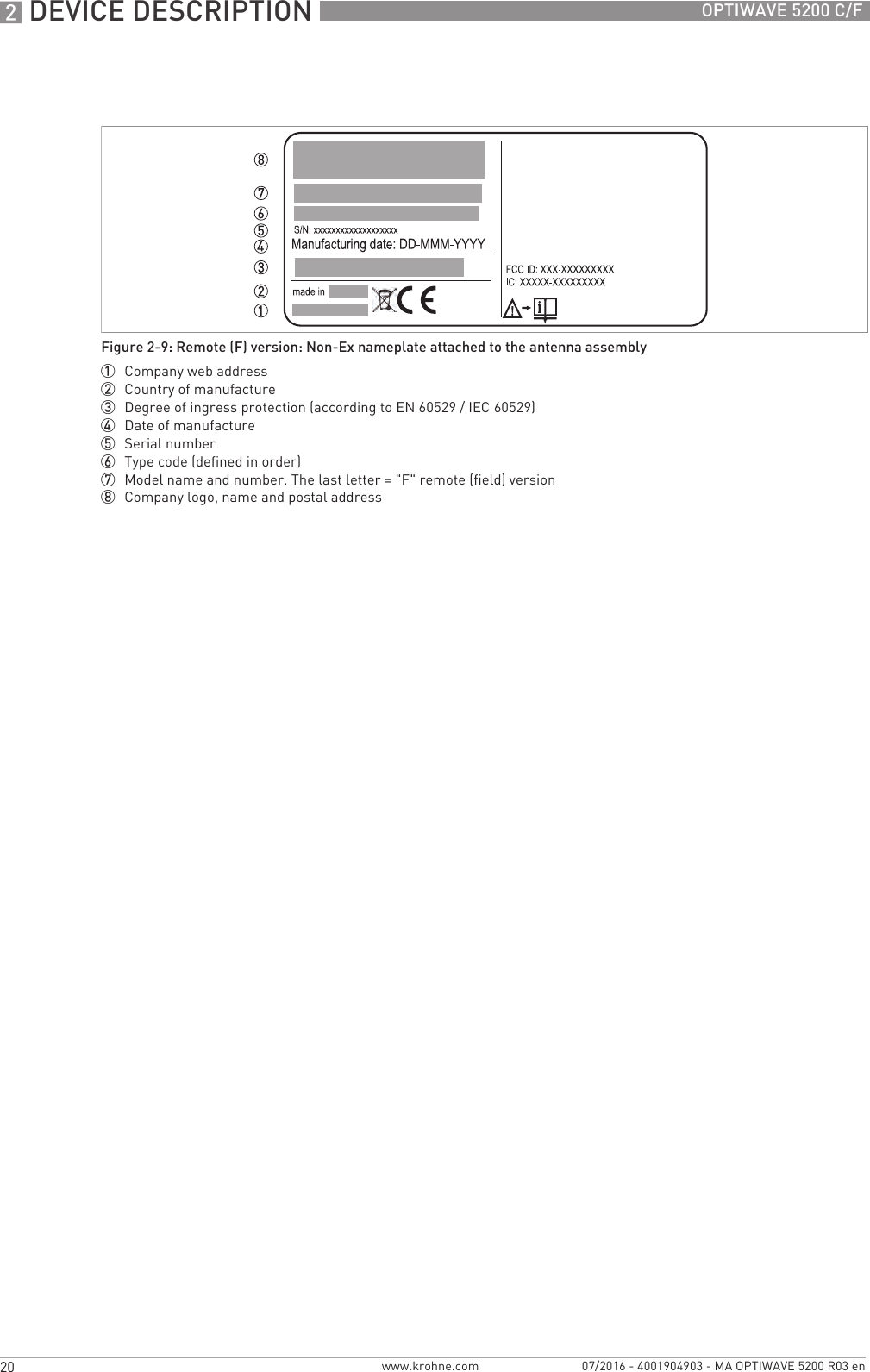 2 DEVICE DESCRIPTION 20 OPTIWAVE 5200 C/Fwww.krohne.com 07/2016 - 4001904903 - MA OPTIWAVE 5200 R03 enFigure 2-9: Remote (F) version: Non-Ex nameplate attached to the antenna assembly1  Company web address2  Country of manufacture3  Degree of ingress protection (according to EN 60529 / IEC 60529)4  Date of manufacture5  Serial number6  Type code (defined in order)7  Model name and number. The last letter = &quot;F&quot; remote (field) version8  Company logo, name and postal address