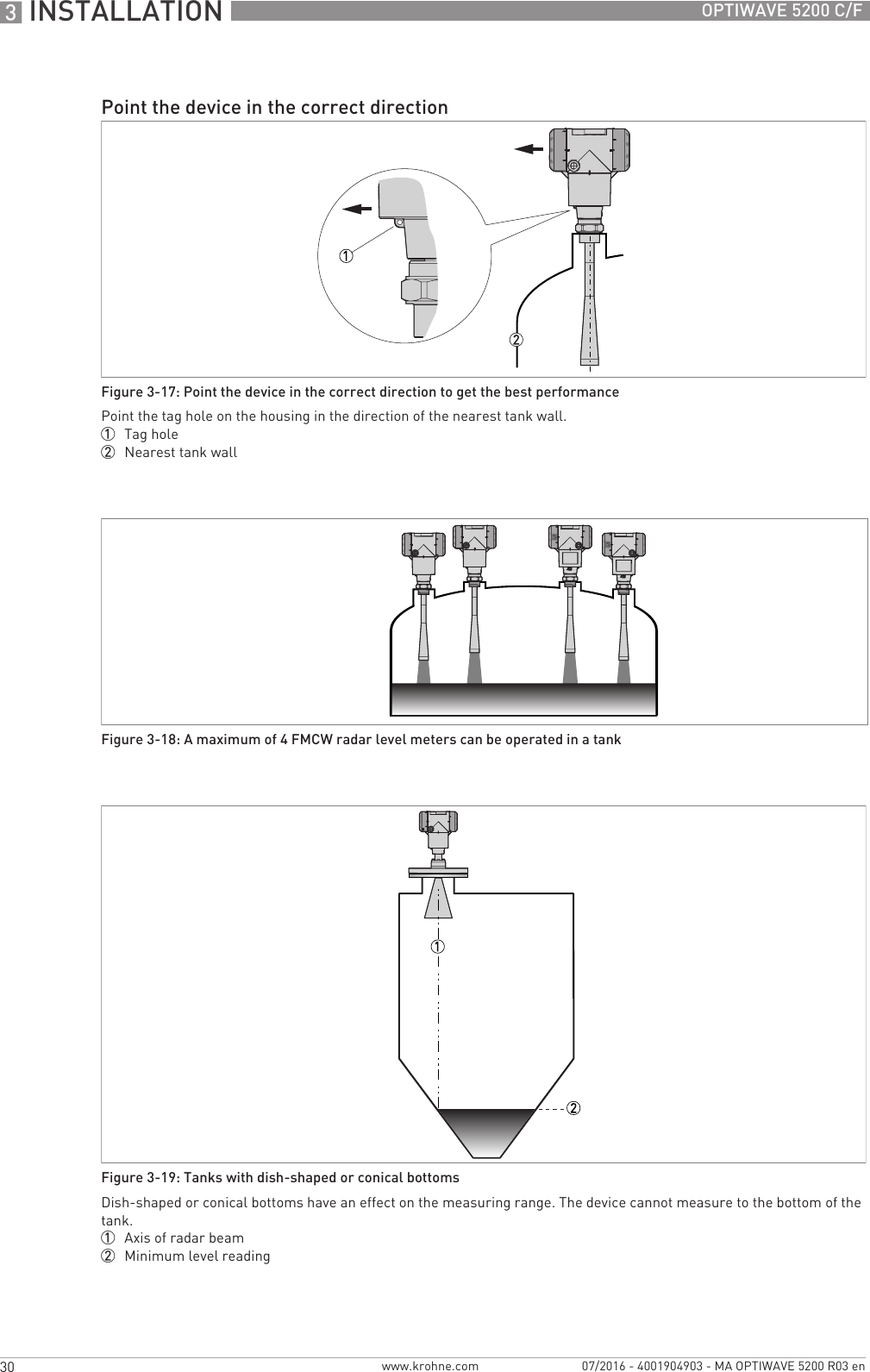 3 INSTALLATION 30 OPTIWAVE 5200 C/Fwww.krohne.com 07/2016 - 4001904903 - MA OPTIWAVE 5200 R03 enPoint the device in the correct directionFigure 3-17: Point the device in the correct direction to get the best performancePoint the tag hole on the housing in the direction of the nearest tank wall.1  Tag hole2  Nearest tank wallFigure 3-18: A maximum of 4 FMCW radar level meters can be operated in a tankFigure 3-19: Tanks with dish-shaped or conical bottomsDish-shaped or conical bottoms have an effect on the measuring range. The device cannot measure to the bottom of the tank.1  Axis of radar beam2  Minimum level reading