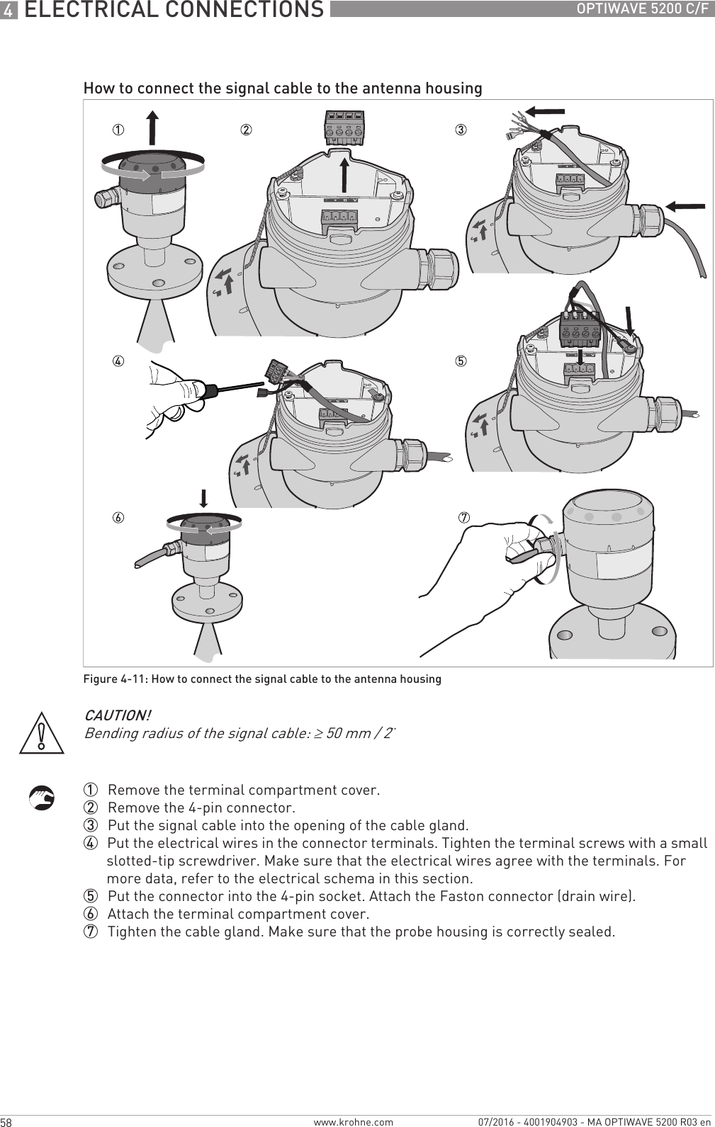 4 ELECTRICAL CONNECTIONS 58 OPTIWAVE 5200 C/Fwww.krohne.com 07/2016 - 4001904903 - MA OPTIWAVE 5200 R03 en1  Remove the terminal compartment cover.2  Remove the 4-pin connector.3  Put the signal cable into the opening of the cable gland.4  Put the electrical wires in the connector terminals. Tighten the terminal screws with a small slotted-tip screwdriver. Make sure that the electrical wires agree with the terminals. For more data, refer to the electrical schema in this section.5  Put the connector into the 4-pin socket. Attach the Faston connector (drain wire).6  Attach the terminal compartment cover.7  Tighten the cable gland. Make sure that the probe housing is correctly sealed.How to connect the signal cable to the antenna housingFigure 4-11: How to connect the signal cable to the antenna housingCAUTION!Bending radius of the signal cable: ≥50 mm / 2¨