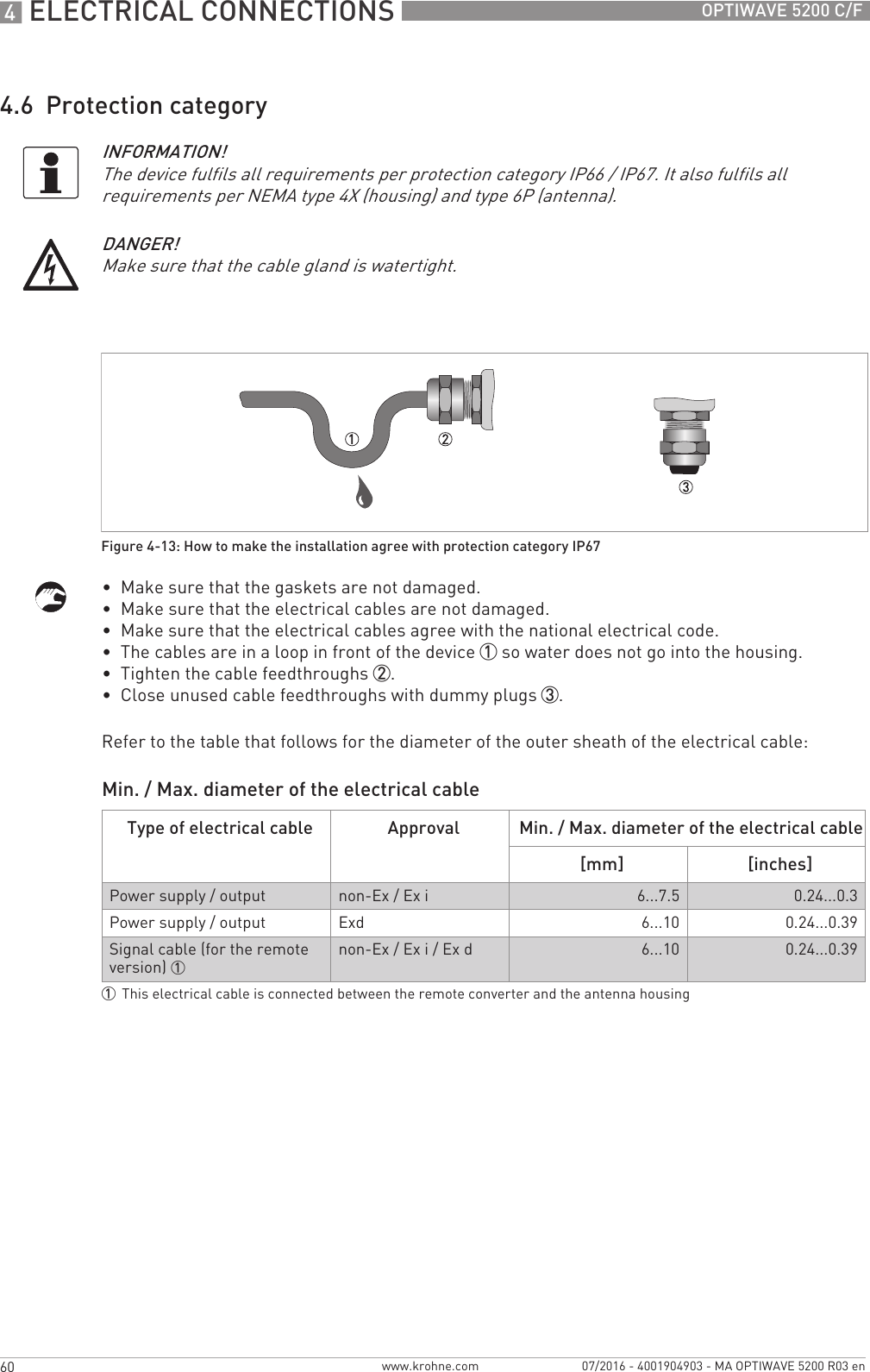 4 ELECTRICAL CONNECTIONS 60 OPTIWAVE 5200 C/Fwww.krohne.com 07/2016 - 4001904903 - MA OPTIWAVE 5200 R03 en4.6  Protection category•  Make sure that the gaskets are not damaged.•  Make sure that the electrical cables are not damaged.•  Make sure that the electrical cables agree with the national electrical code.•  The cables are in a loop in front of the device 1 so water does not go into the housing.•  Tighten the cable feedthroughs 2.•  Close unused cable feedthroughs with dummy plugs 3.Refer to the table that follows for the diameter of the outer sheath of the electrical cable:Min. / Max. diameter of the electrical cableINFORMATION!The device fulfils all requirements per protection category IP66 / IP67. It also fulfils all requirements per NEMA type 4X (housing) and type 6P (antenna).DANGER!Make sure that the cable gland is watertight.Figure 4-13: How to make the installation agree with protection category IP67Type of electrical cable Approval Min. / Max. diameter of the electrical cable[mm] [inches]Power supply / output non-Ex / Ex i 6...7.5 0.24...0.3Power supply / output Exd 6...10 0.24...0.39Signal cable (for the remote version) 1non-Ex / Ex i / Ex d 6...10 0.24...0.391This electrical cable is connected between the remote converter and the antenna housing