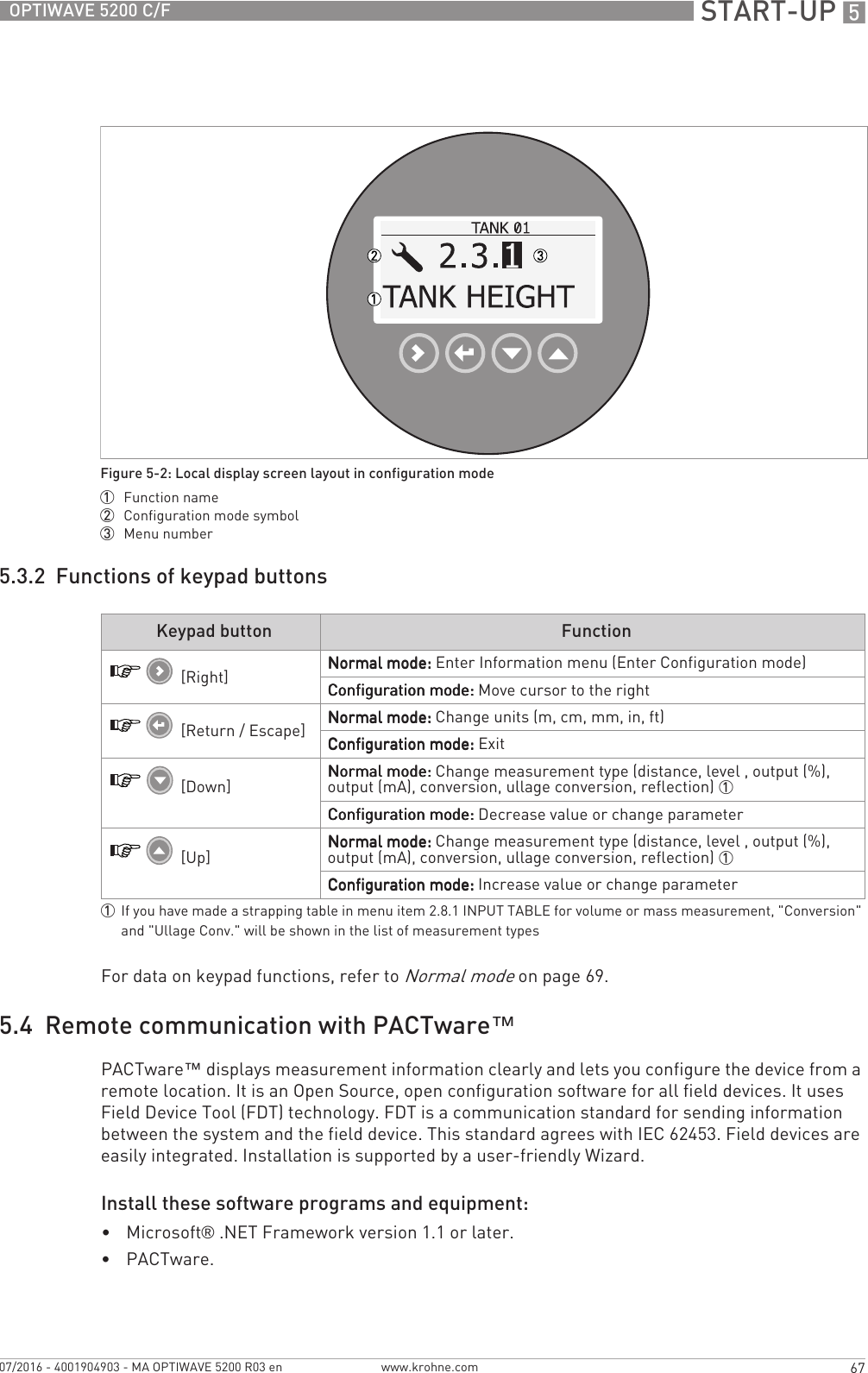  START-UP 567OPTIWAVE 5200 C/Fwww.krohne.com07/2016 - 4001904903 - MA OPTIWAVE 5200 R03 en5.3.2  Functions of keypad buttonsFor data on keypad functions, refer to Normal mode on page 69.5.4  Remote communication with PACTware™PACTware™ displays measurement information clearly and lets you configure the device from a remote location. It is an Open Source, open configuration software for all field devices. It uses Field Device Tool (FDT) technology. FDT is a communication standard for sending information between the system and the field device. This standard agrees with IEC 62453. Field devices are easily integrated. Installation is supported by a user-friendly Wizard.Install these software programs and equipment:•Microsoft® .NET Framework version 1.1 or later.•PACTware.Figure 5-2: Local display screen layout in configuration mode1  Function name2  Configuration mode symbol3  Menu numberKeypad button Function [Right] Normal mode:Normal mode:Normal mode:Normal mode: Enter Information menu (Enter Configuration mode)Configuration mode:Configuration mode:Configuration mode:Configuration mode: Move cursor to the right [Return / Escape] Normal mode:Normal mode:Normal mode:Normal mode: Change units (m, cm, mm, in, ft)Configuration mode:Configuration mode:Configuration mode:Configuration mode: Exit [Down] Normal mode:Normal mode:Normal mode:Normal mode: Change measurement type (distance, level , output (%), output (mA), conversion, ullage conversion, reflection) 1Configuration mode:Configuration mode:Configuration mode:Configuration mode: Decrease value or change parameter [Up] Normal mode:Normal mode:Normal mode:Normal mode: Change measurement type (distance, level , output (%), output (mA), conversion, ullage conversion, reflection) 1Configuration mode:Configuration mode:Configuration mode:Configuration mode: Increase value or change parameter1If you have made a strapping table in menu item 2.8.1 INPUT TABLE for volume or mass measurement, &quot;Conversion&quot; and &quot;Ullage Conv.&quot; will be shown in the list of measurement types