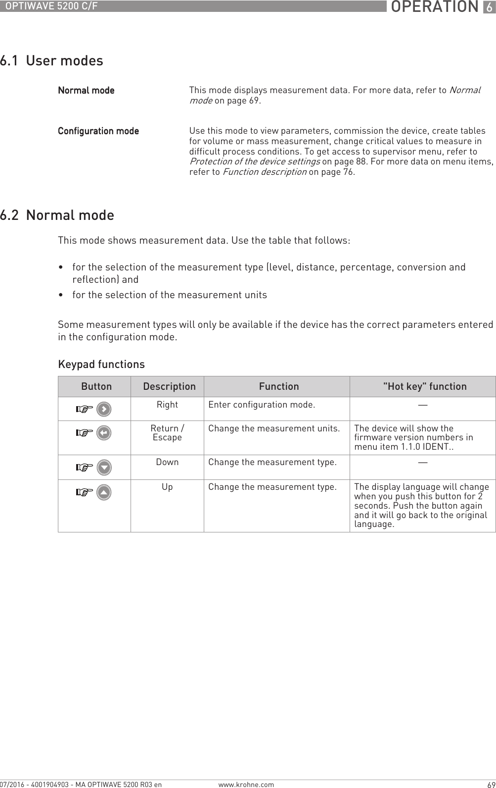  OPERATION 669OPTIWAVE 5200 C/Fwww.krohne.com07/2016 - 4001904903 - MA OPTIWAVE 5200 R03 en6.1  User modes6.2  Normal modeThis mode shows measurement data. Use the table that follows:•for the selection of the measurement type (level, distance, percentage, conversion and reflection) and•for the selection of the measurement unitsSome measurement types will only be available if the device has the correct parameters entered in the configuration mode.Keypad functionsNormal modeNormal modeNormal modeNormal mode This mode displays measurement data. For more data, refer to Normal mode on page 69.Configuration modeConfiguration modeConfiguration modeConfiguration mode Use this mode to view parameters, commission the device, create tables for volume or mass measurement, change critical values to measure in difficult process conditions. To get access to supervisor menu, refer to Protection of the device settings on page 88. For more data on menu items, refer to Function description on page 76.Button Description Function &quot;Hot key&quot; functionRight Enter configuration mode. —Return / Escape Change the measurement units. The device will show the firmware version numbers in menu item 1.1.0 IDENT..Down Change the measurement type. —Up Change the measurement type. The display language will change when you push this button for 2 seconds. Push the button again and it will go back to the original language.