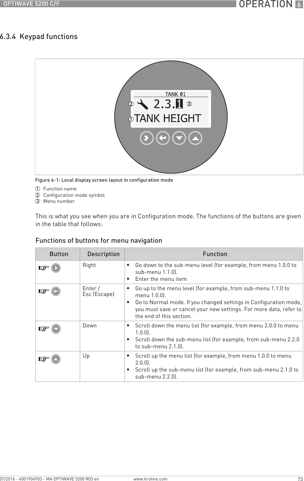  OPERATION 673OPTIWAVE 5200 C/Fwww.krohne.com07/2016 - 4001904903 - MA OPTIWAVE 5200 R03 en6.3.4  Keypad functionsThis is what you see when you are in Configuration mode. The functions of the buttons are given in the table that follows:Functions of buttons for menu navigationFigure 6-1: Local display screen layout in configuration mode1  Function name2  Configuration mode symbol3  Menu numberButton Description FunctionRight•Go down to the sub-menu level (for example, from menu 1.0.0 to sub-menu 1.1.0).•Enter the menu itemEnter / Esc (Escape)•Go up to the menu level (for example, from sub-menu 1.1.0 to menu 1.0.0).•Go to Normal mode. If you changed settings in Configuration mode, you must save or cancel your new settings. For more data, refer to the end of this section.Down•Scroll down the menu list (for example, from menu 2.0.0 to menu 1.0.0).•Scroll down the sub-menu list (for example, from sub-menu 2.2.0 to sub-menu 2.1.0).Up•Scroll up the menu list (for example, from menu 1.0.0 to menu 2.0.0).•Scroll up the sub-menu list (for example, from sub-menu 2.1.0 to sub-menu 2.2.0).
