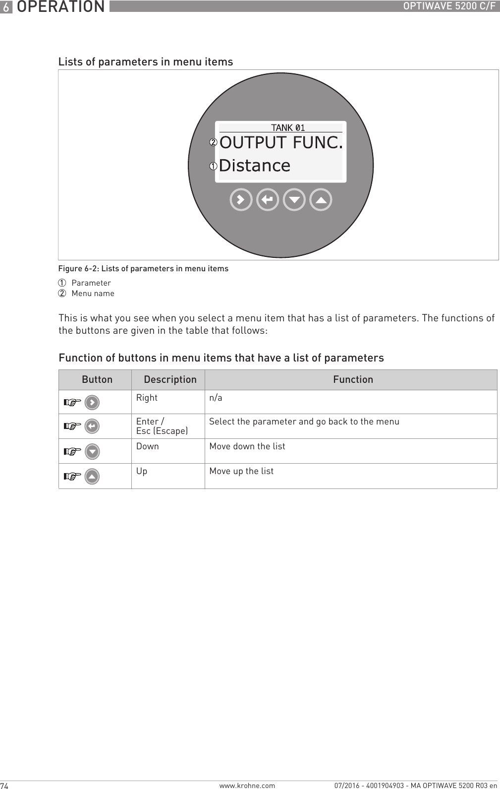 6 OPERATION 74 OPTIWAVE 5200 C/Fwww.krohne.com 07/2016 - 4001904903 - MA OPTIWAVE 5200 R03 enThis is what you see when you select a menu item that has a list of parameters. The functions of the buttons are given in the table that follows:Function of buttons in menu items that have a list of parametersLists of parameters in menu itemsFigure 6-2: Lists of parameters in menu items1  Parameter2  Menu nameButton Description FunctionRight n/aEnter / Esc (Escape) Select the parameter and go back to the menuDown Move down the listUp Move up the list