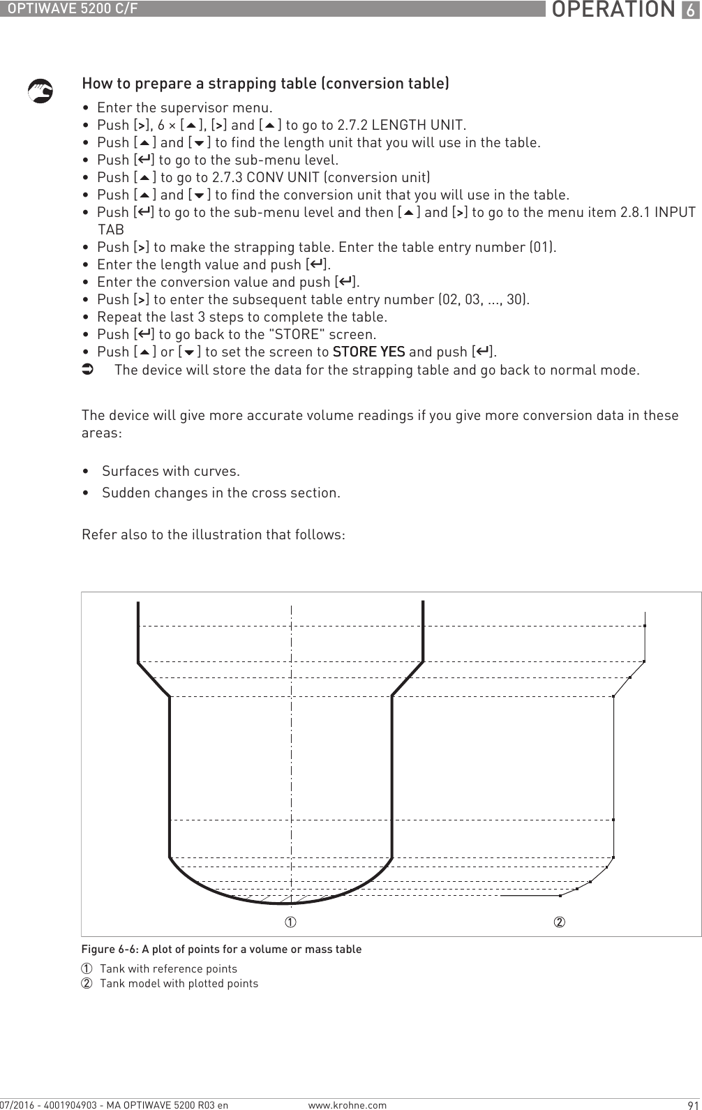  OPERATION 691OPTIWAVE 5200 C/Fwww.krohne.com07/2016 - 4001904903 - MA OPTIWAVE 5200 R03 enHow to prepare a strapping table (conversion table)•  Enter the supervisor menu.•  Push [&gt;&gt;&gt;&gt;], 6 × [], [&gt;&gt;&gt;&gt;] and [] to go to 2.7.2 LENGTH UNIT.•  Push [] and [] to find the length unit that you will use in the table.•  Push [^^^^] to go to the sub-menu level.•  Push [] to go to 2.7.3 CONV UNIT (conversion unit)•  Push [] and [] to find the conversion unit that you will use in the table.•  Push [^^^^] to go to the sub-menu level and then [] and [&gt;&gt;&gt;&gt;] to go to the menu item 2.8.1 INPUT TAB•  Push [&gt;&gt;&gt;&gt;] to make the strapping table. Enter the table entry number (01).•  Enter the length value and push [^^^^].•  Enter the conversion value and push [^^^^].•  Push [&gt;&gt;&gt;&gt;] to enter the subsequent table entry number (02, 03, ..., 30).•  Repeat the last 3 steps to complete the table.•  Push [^^^^] to go back to the &quot;STORE&quot; screen.•  Push [] or [] to set the screen to STORE YESSTORE YESSTORE YESSTORE YES and push [^^^^].iThe device will store the data for the strapping table and go back to normal mode.The device will give more accurate volume readings if you give more conversion data in these areas:•Surfaces with curves.•Sudden changes in the cross section.Refer also to the illustration that follows:Figure 6-6: A plot of points for a volume or mass table1  Tank with reference points2  Tank model with plotted points